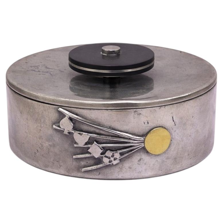 Swedish Art Deco Pewter Coaster Box by GAB, Playing Card Motif, 1930s