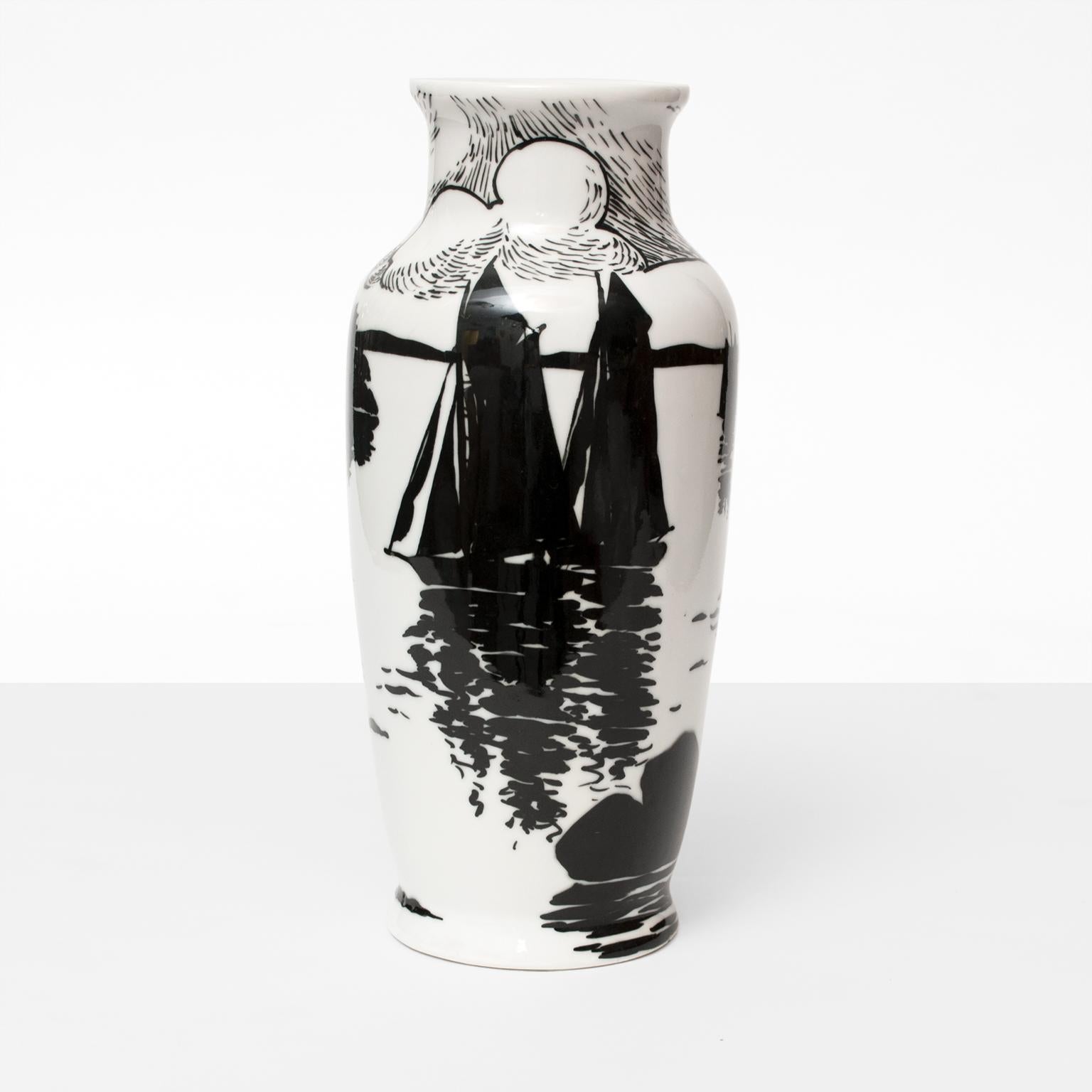 Swedish Art Deco hand decorated porcelain vase depicting sail boats on water, landscape and a sky with clouds all in black and white. Designed by Algot Ericsson, circa 1915-1919 at A.L.P. Measures: height 12.5