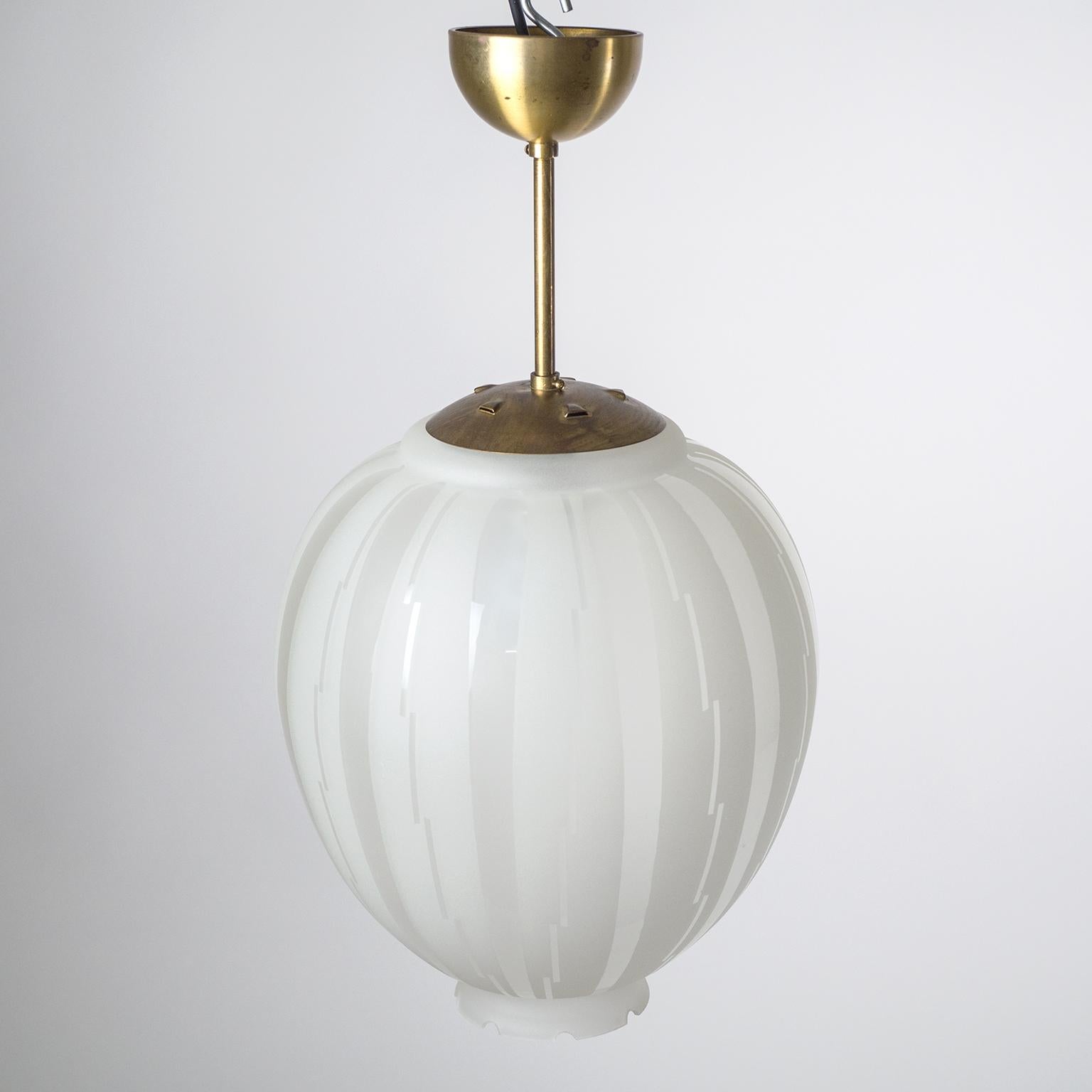 Brass Swedish Art Deco Satin Glass Pendant, 1930s