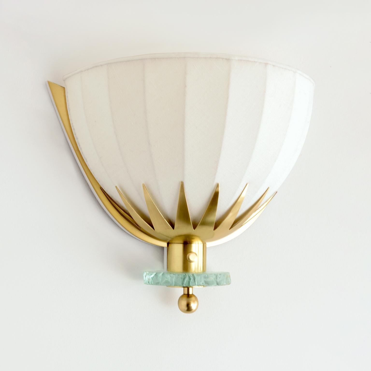 Polished Swedish Art Deco, Scandinavian Modern Brass and Glass Sconces with Fabric Shades