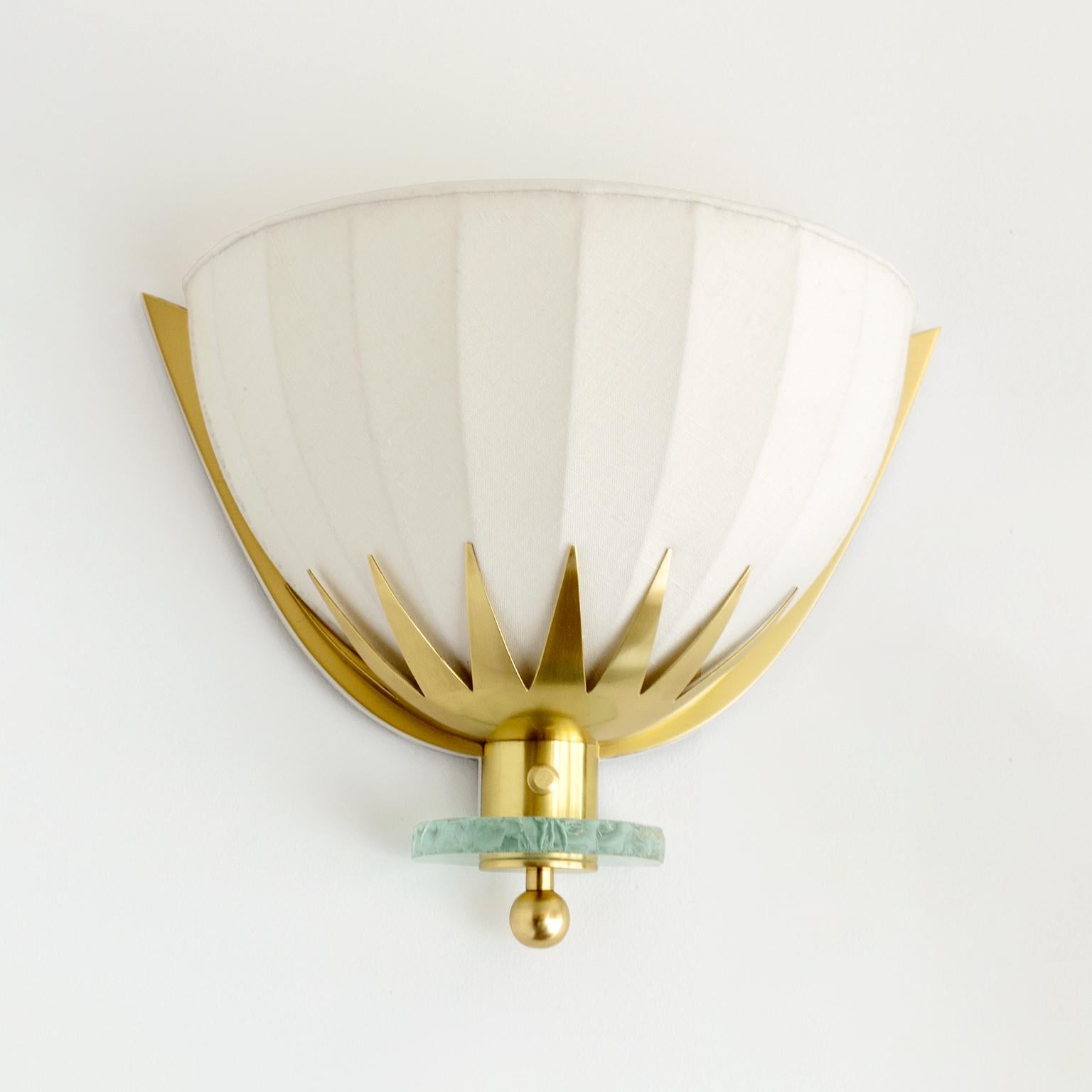 Swedish Art Deco, Scandinavian Modern Brass and Glass Sconces with Fabric Shades In Good Condition In New York, NY