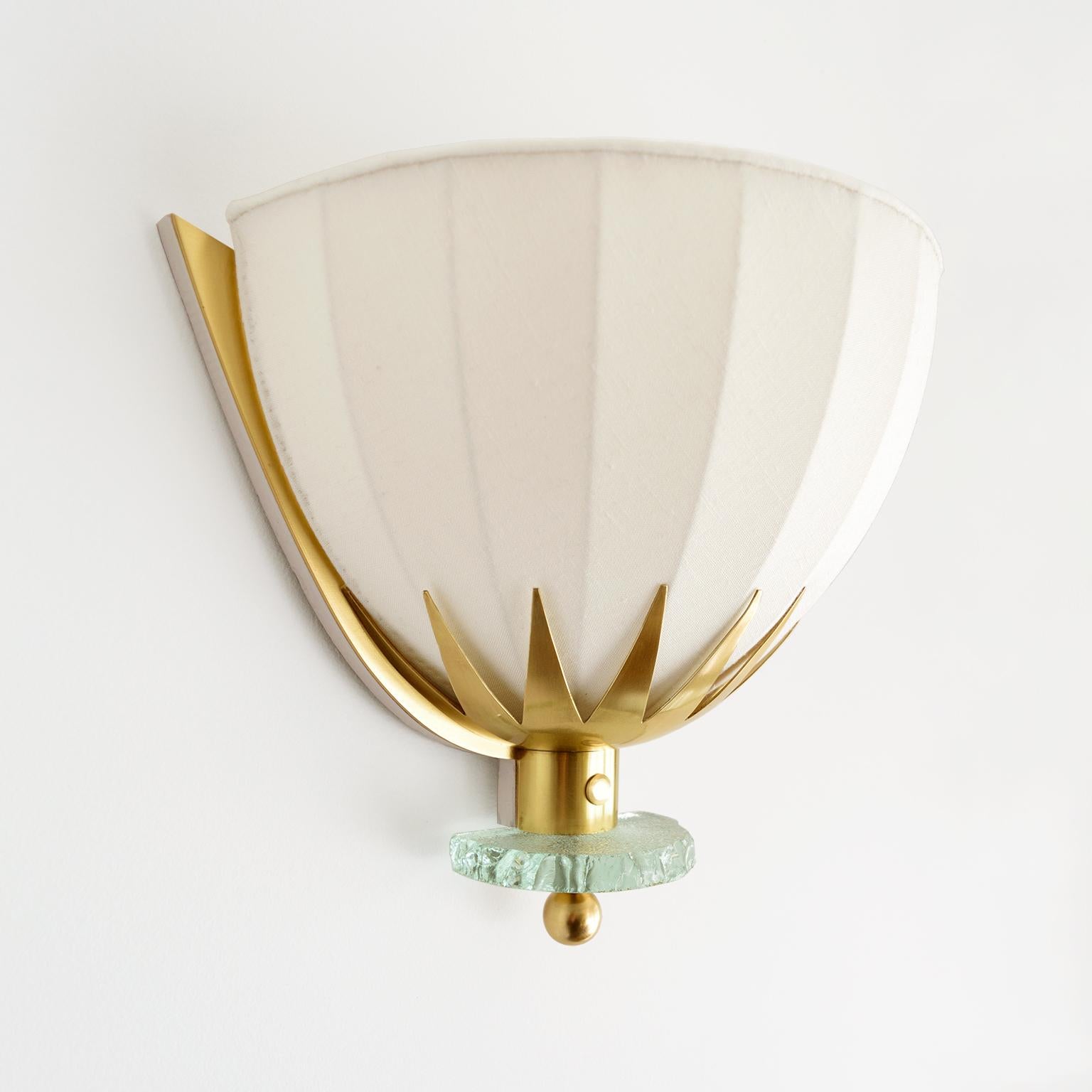 20th Century Swedish Art Deco, Scandinavian Modern Brass and Glass Sconces with Fabric Shades