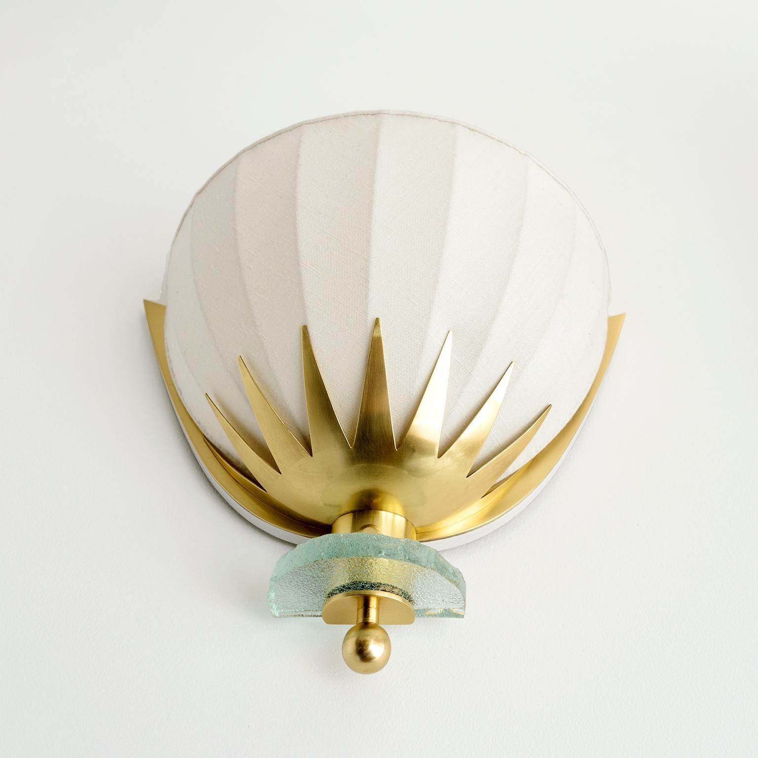 Swedish Art Deco, Scandinavian Modern Brass and Glass Sconces with Fabric Shades 1