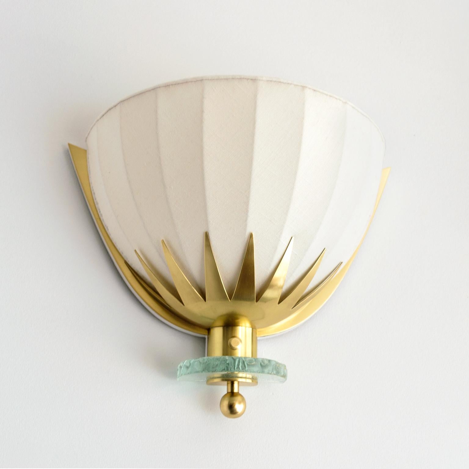 Swedish Art Deco, Scandinavian Modern Brass and Glass Sconces with Fabric Shades 2