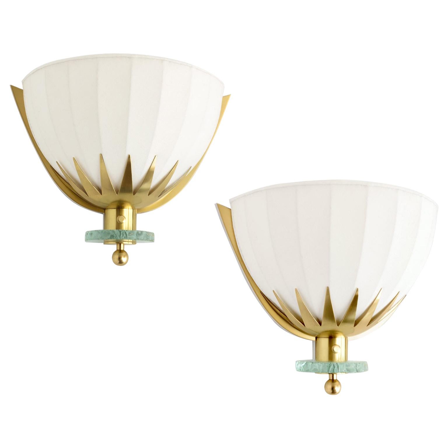 Swedish Art Deco, Scandinavian Modern Brass and Glass Sconces with Fabric Shades