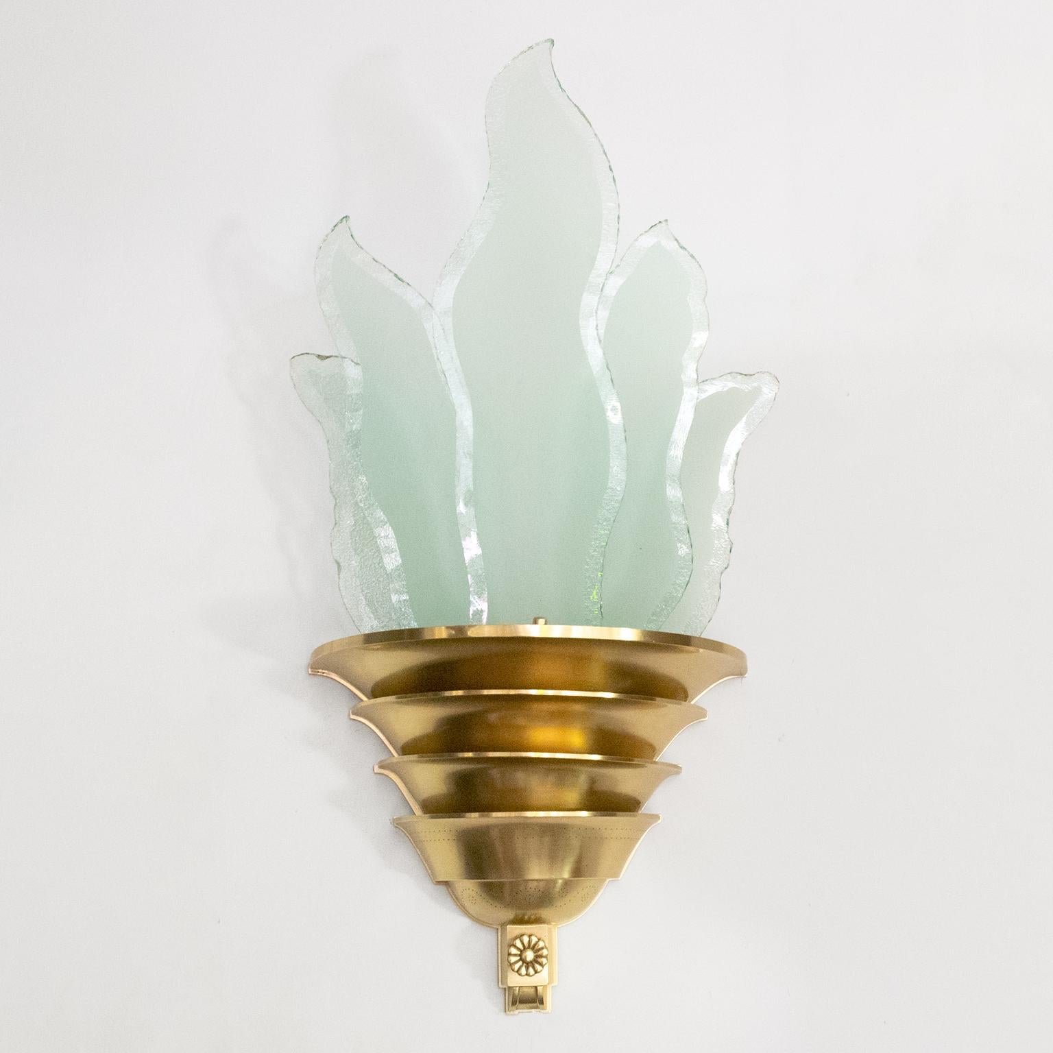 Frosted Swedish Art Deco Swedish Grace Brass Sconce with Glass Flames For Sale
