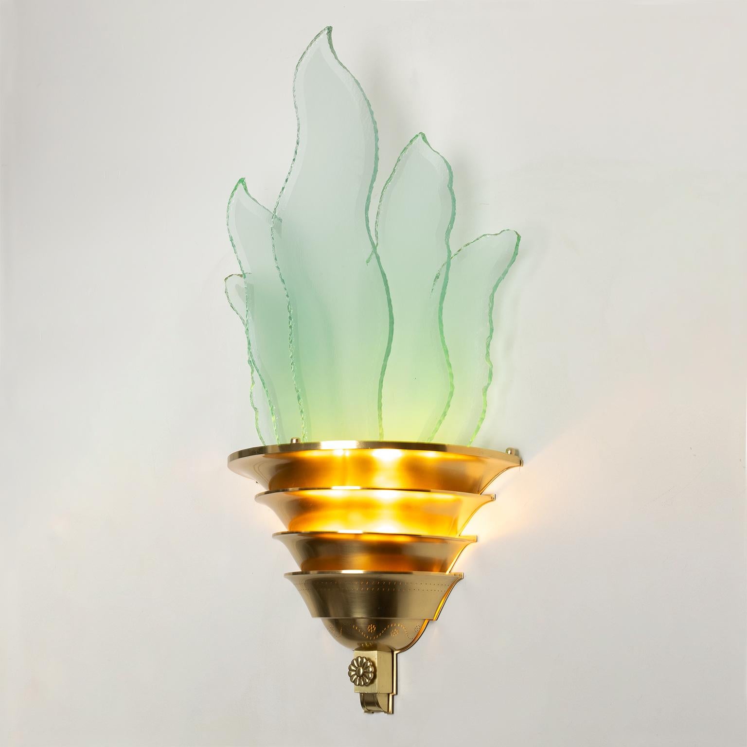 Swedish Art Deco Swedish Grace Brass Sconce with Glass Flames For Sale 3