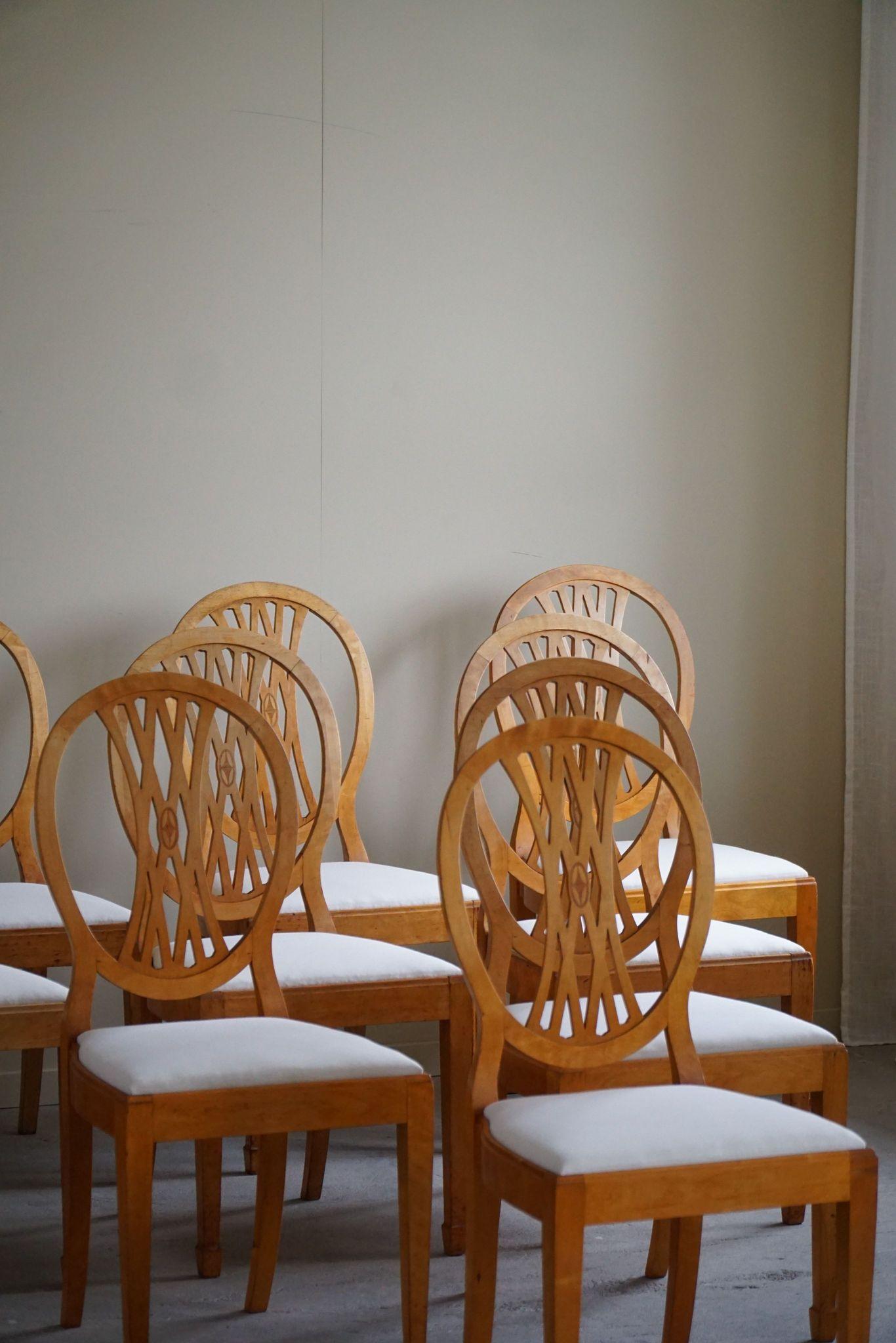 Swedish Art Deco, Set of 10 Chairs in Birch, Early 20th Century, Gustavian Style 10