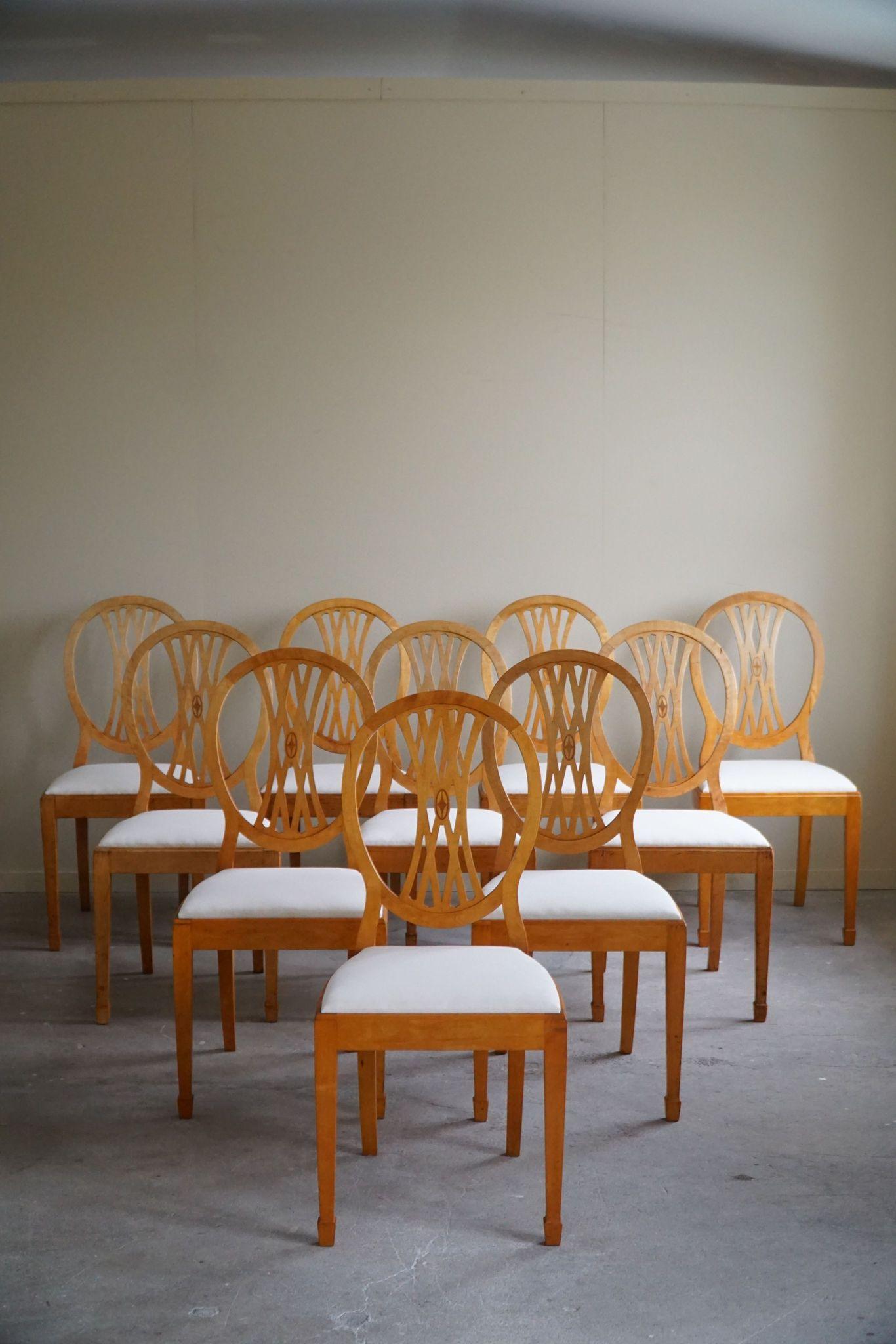 Swedish Art Deco, Set of 10 Chairs in Birch, Early 20th Century, Gustavian Style 14