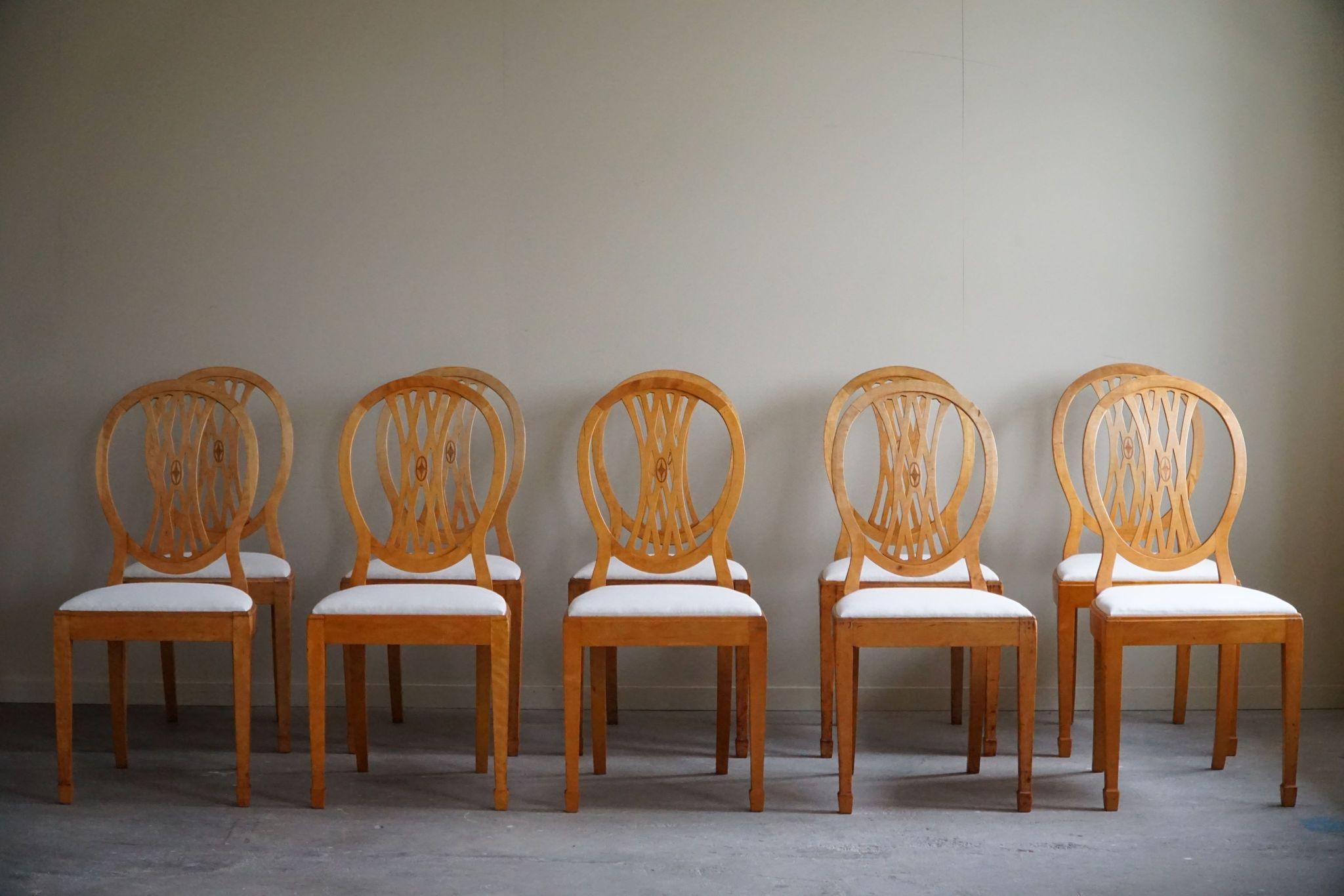 Swedish Art Deco, Set of 10 Chairs in Birch, Early 20th Century, Gustavian Style 15