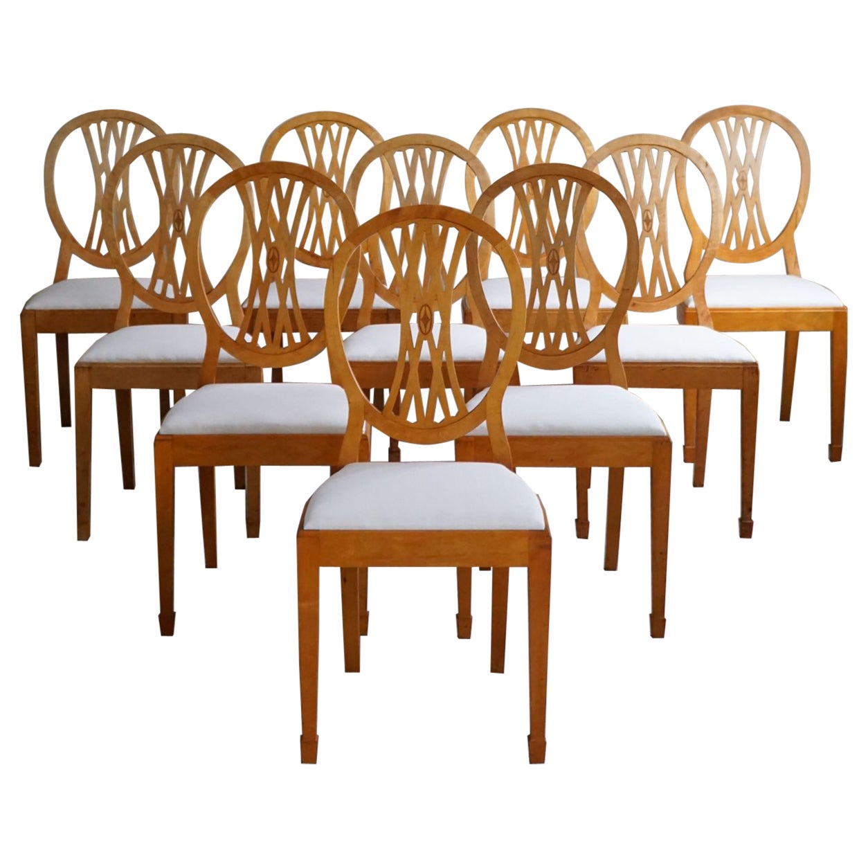 Swedish Art Deco, Set of 10 Chairs in Birch, Early 20th Century, Gustavian Style