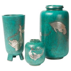 Set di 3 vasi Art Deco svedese Wilhelm Kage in gres e argento, anni '40