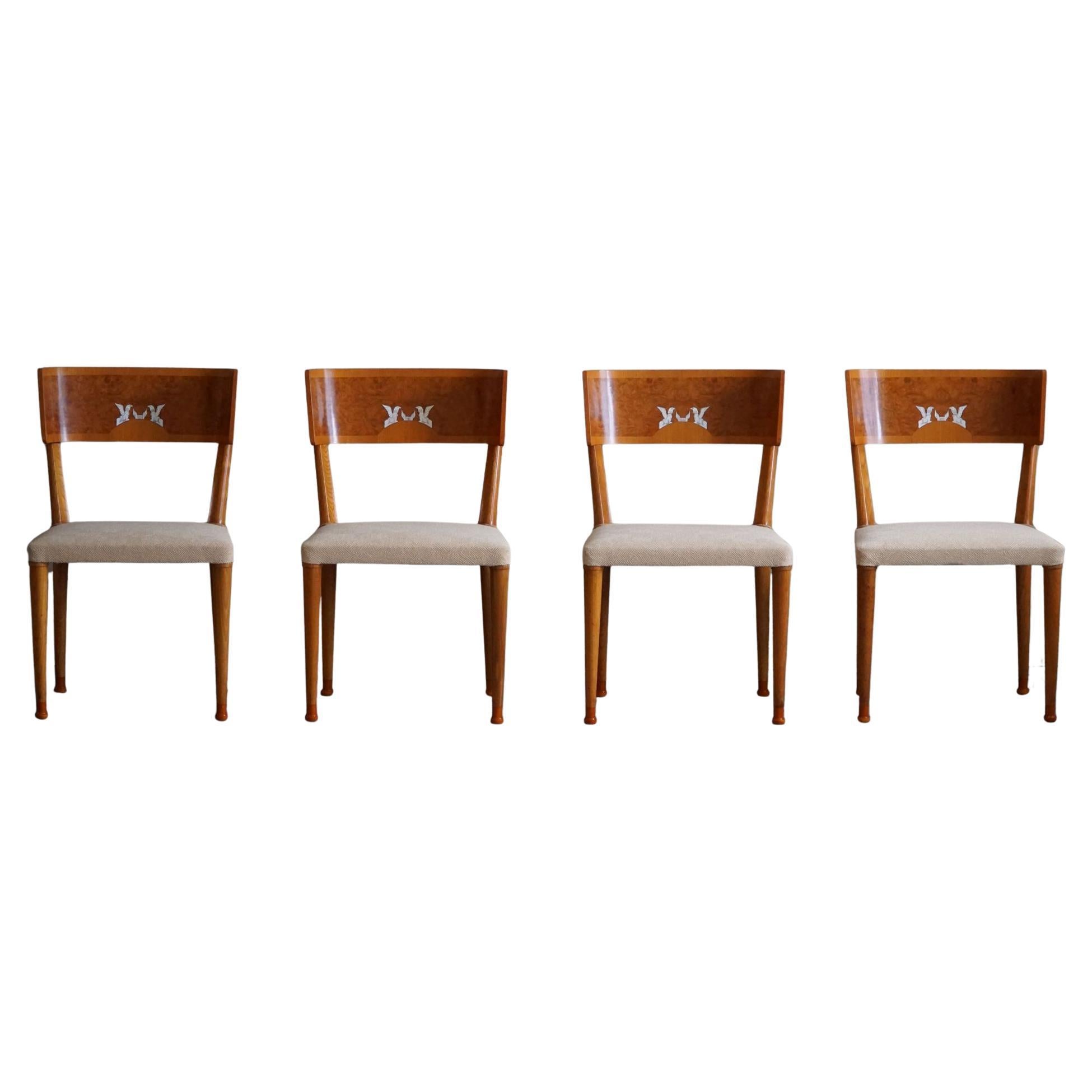 Swedish Art Deco, Set of 4 Klismos Chairs in Birch & Elm, Griffin Inlays, 1930s For Sale