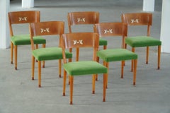 Swedish Art Deco, Set of 6 Klismos Chairs, Birch & Mohair, Griffin Inlays, 1930s