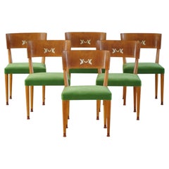 Swedish Art Deco, Set of 6 Klismos Chairs, Birch & Mohair, Griffin Inlays, 1930s