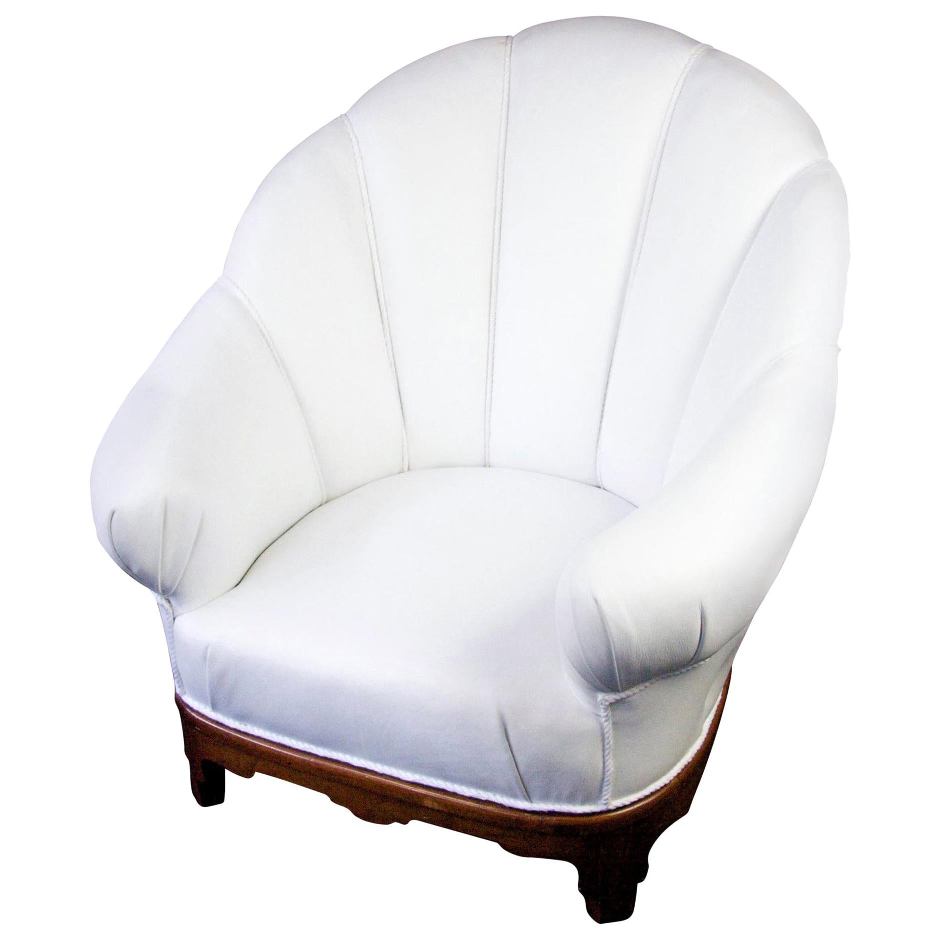Swedish Art Deco Shellback Armchair White Italian Leather Fluted Decoration For Sale