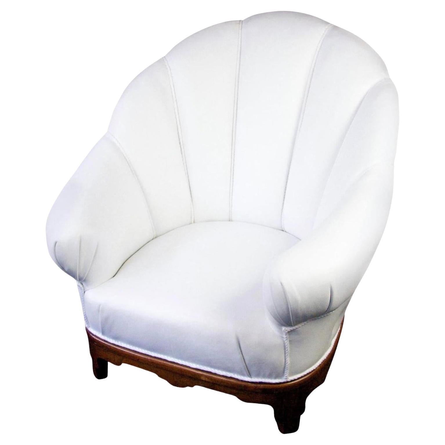 Swedish Art Deco Shellback Armchair White Italian Leather Fluted Decorations A