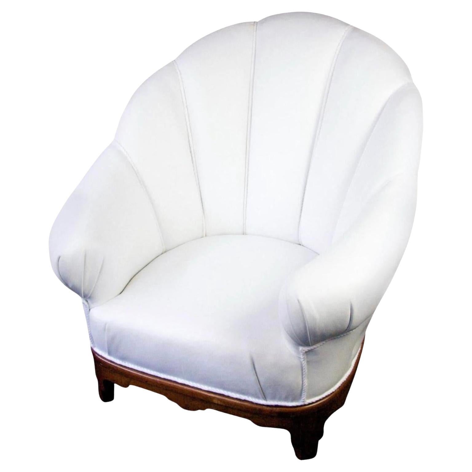Swedish Art Deco Shellback Armchair White Italian Leather Fluted Decorations A For Sale