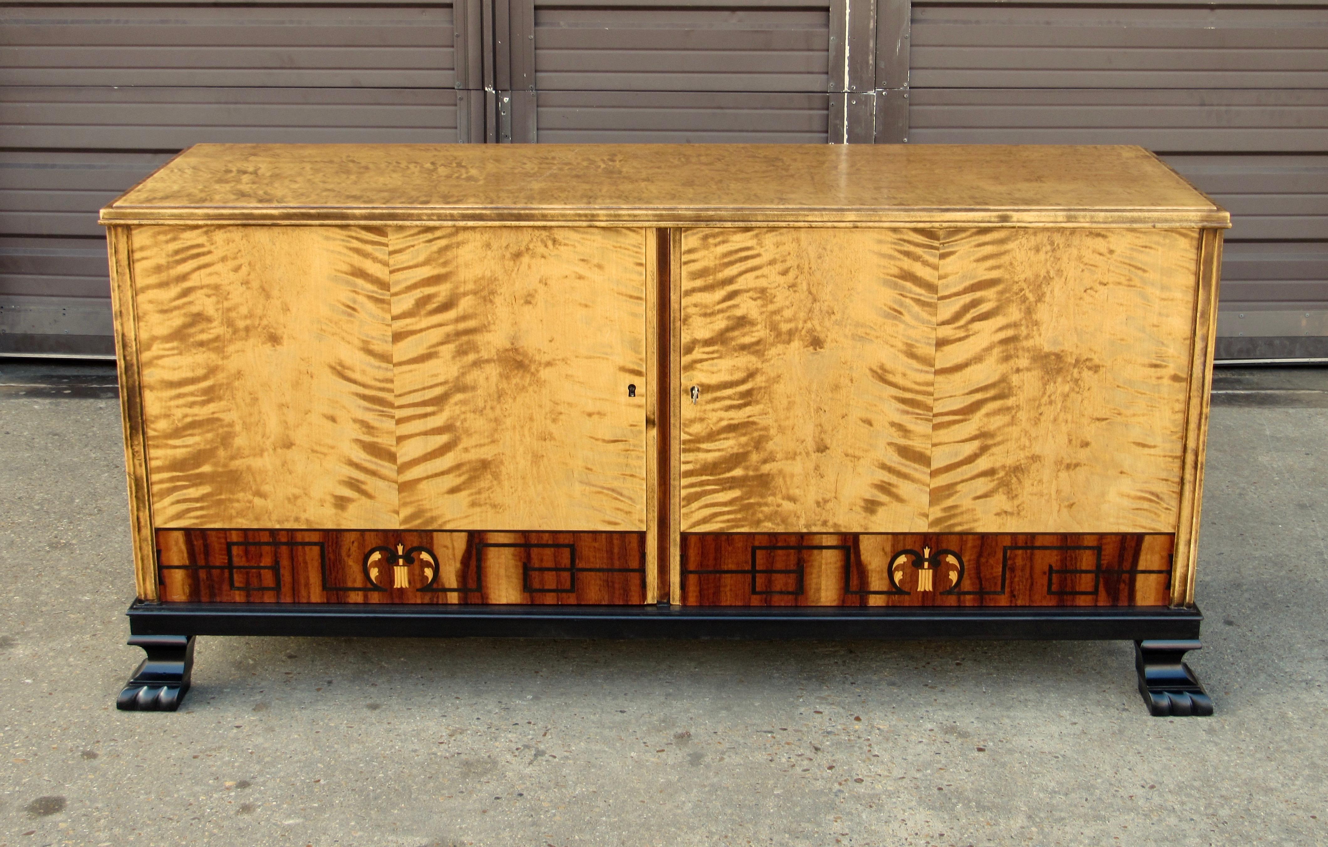 Swedish Art Deco Sideboard/Cabinet in Golden Flame Birch and Rosewood circa 1930 In Good Condition For Sale In Richmond, VA