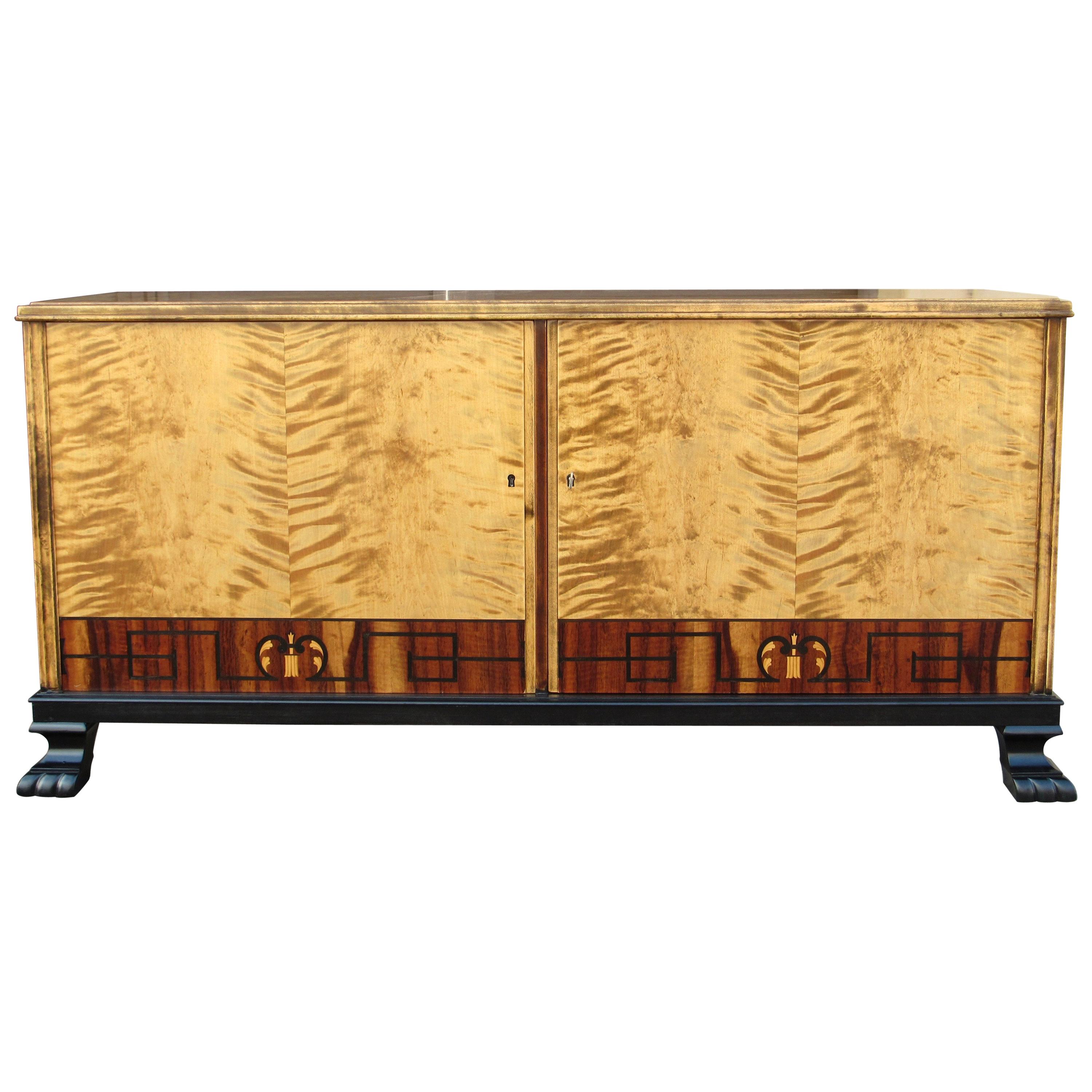 Swedish Art Deco Sideboard/Cabinet in Golden Flame Birch and Rosewood circa 1930 For Sale