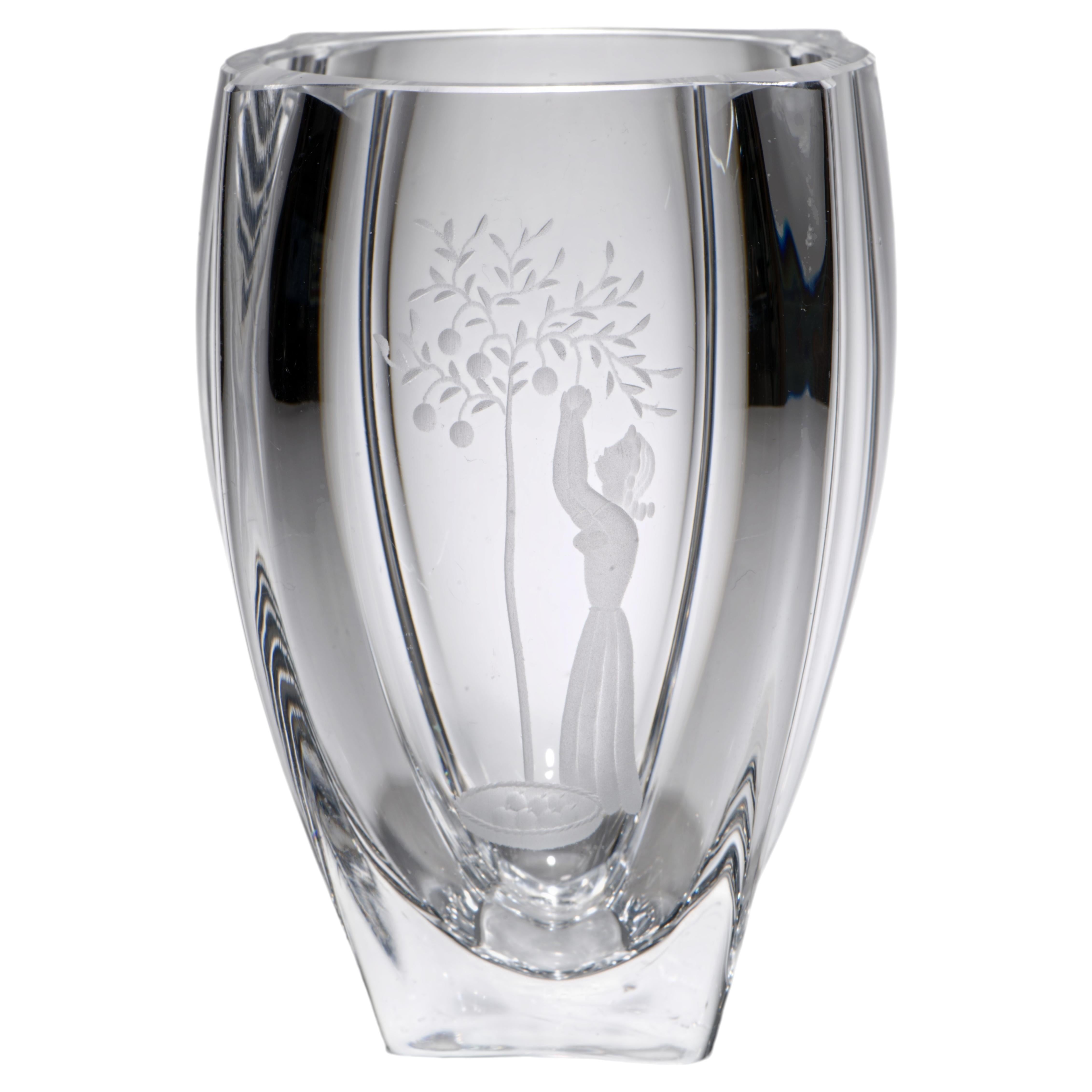 Swedish Art Deco Skruf Glass Etched Bud Vase