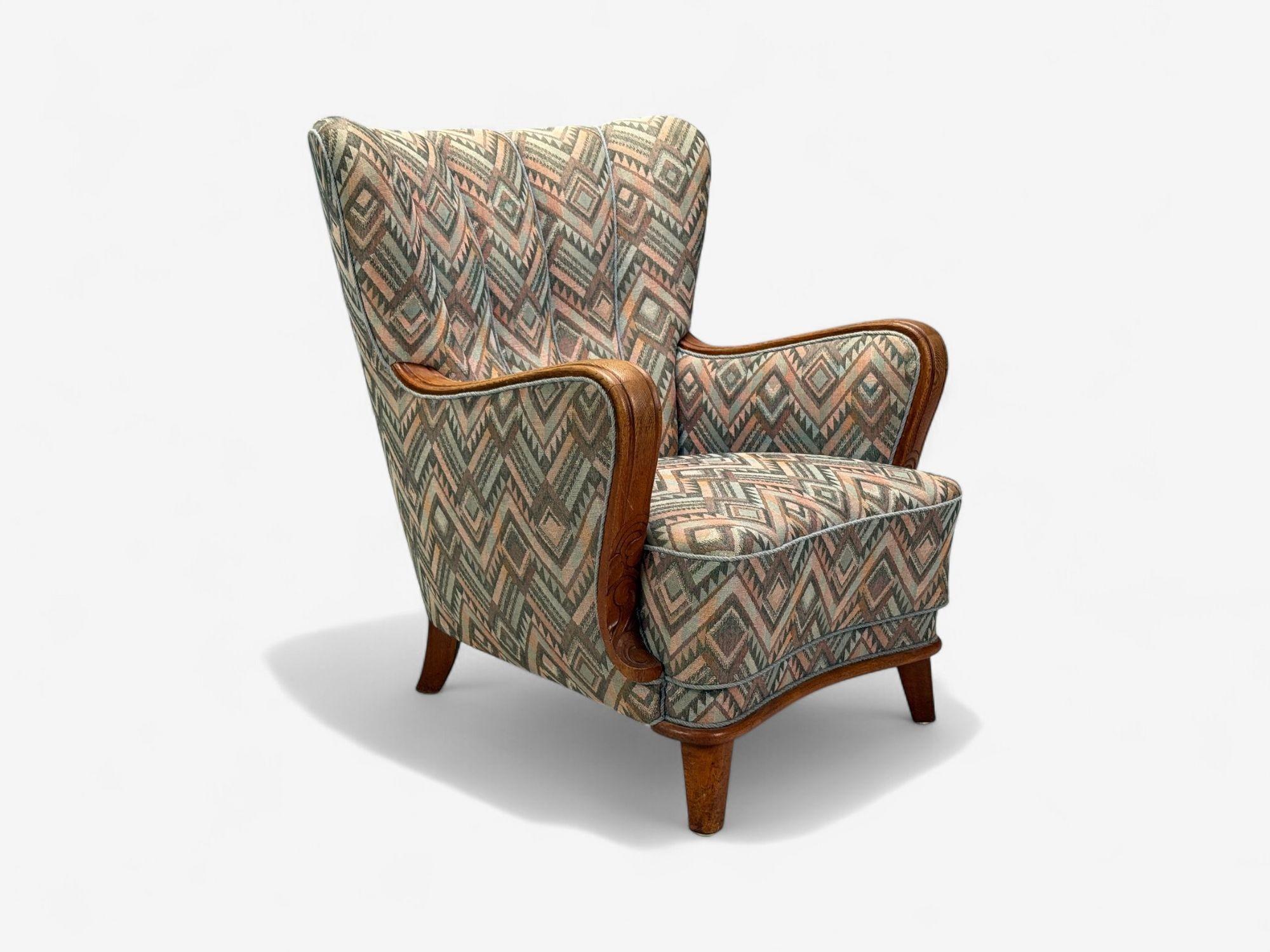 Sedie da salotto svedesi Art Deco, legno macchiato, tessuto, organico, Svezia, anni '70 3