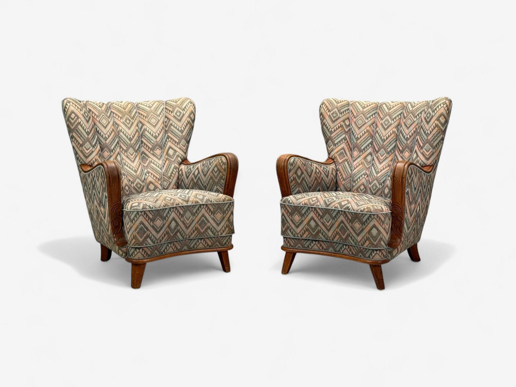 Art Déco Sedie da salotto svedesi Art Deco, legno macchiato, tessuto, organico, Svezia, anni '70