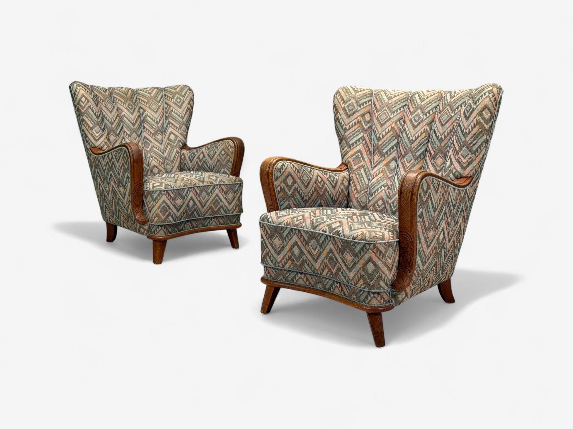 Svedese Sedie da salotto svedesi Art Deco, legno macchiato, tessuto, organico, Svezia, anni '70