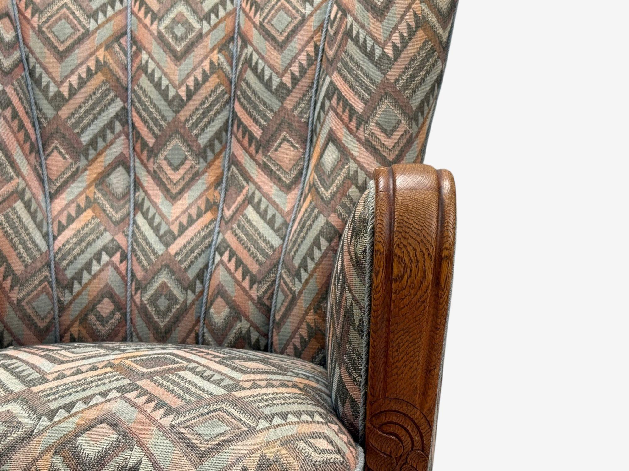 Metà XX secolo Sedie da salotto svedesi Art Deco, legno macchiato, tessuto, organico, Svezia, anni '70