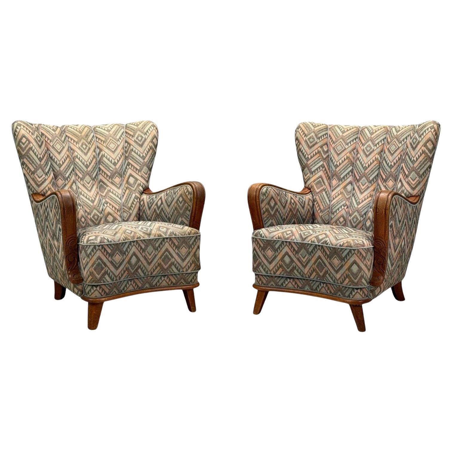 Sedie da salotto svedesi Art Deco, legno macchiato, tessuto, organico, Svezia, anni '70