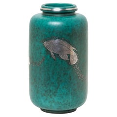 Jarrón sueco Art Decó de gres con incrustaciones de plata, años 40