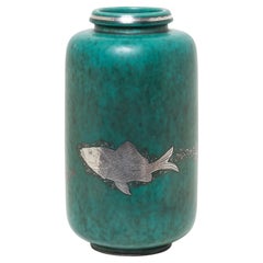 Swedish Art Deco Stoneware and Silver inlay Vase, 1940's