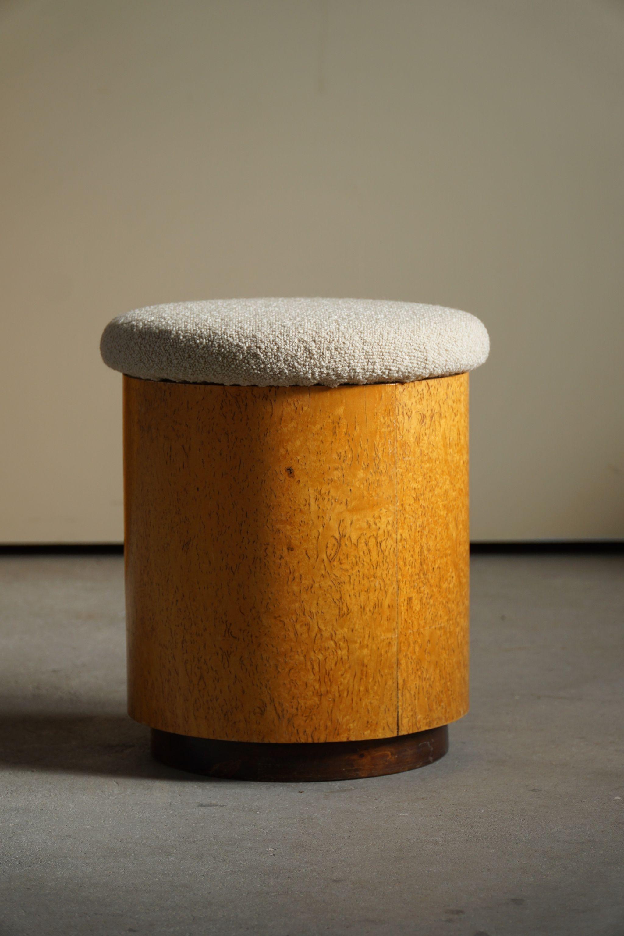 Swedish Art Deco Stool in Burl Wood, Reupholstered, Made in the Early 20th C 4