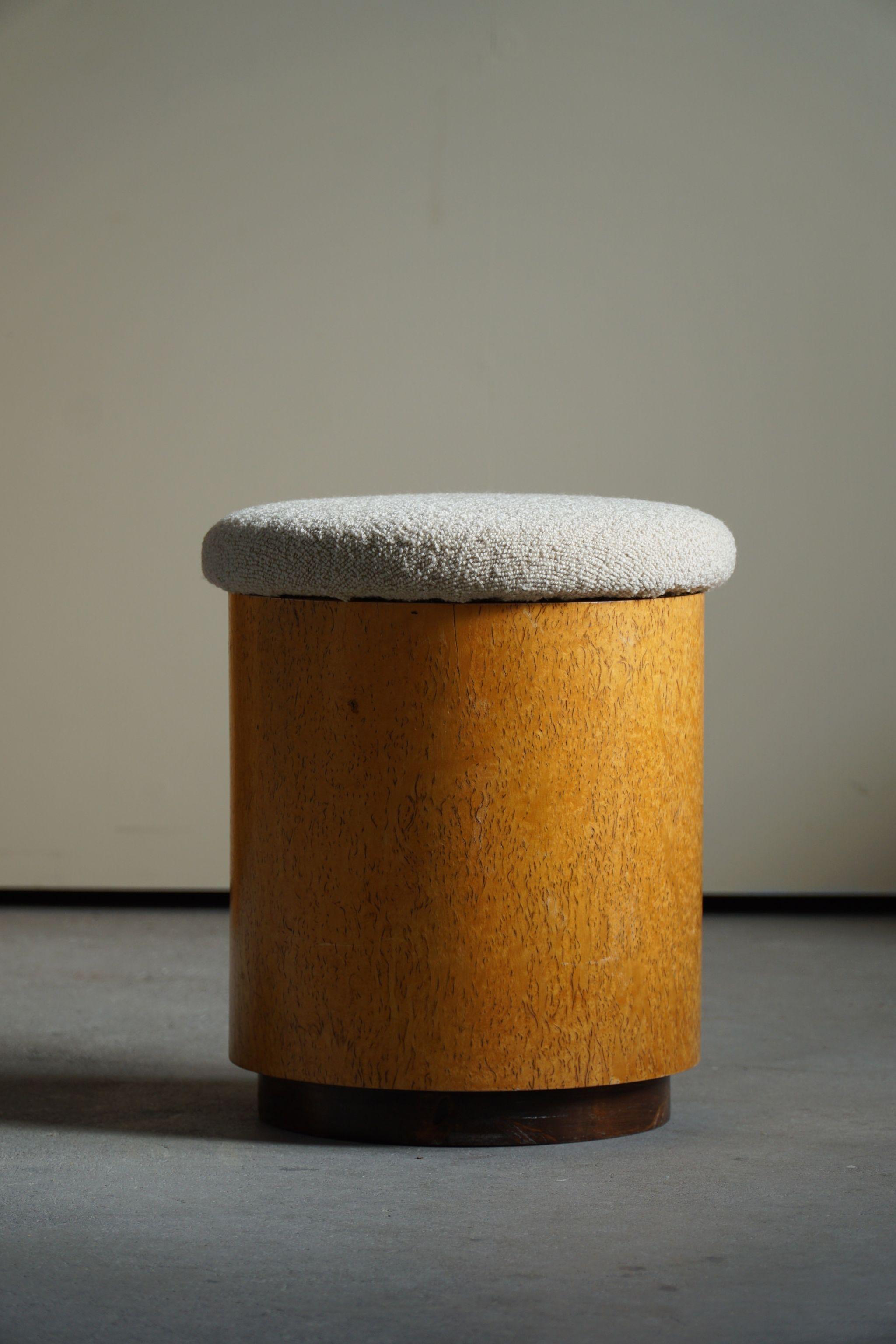 Swedish Art Deco Stool in Burl Wood, Reupholstered, Made in the Early 20th C 7