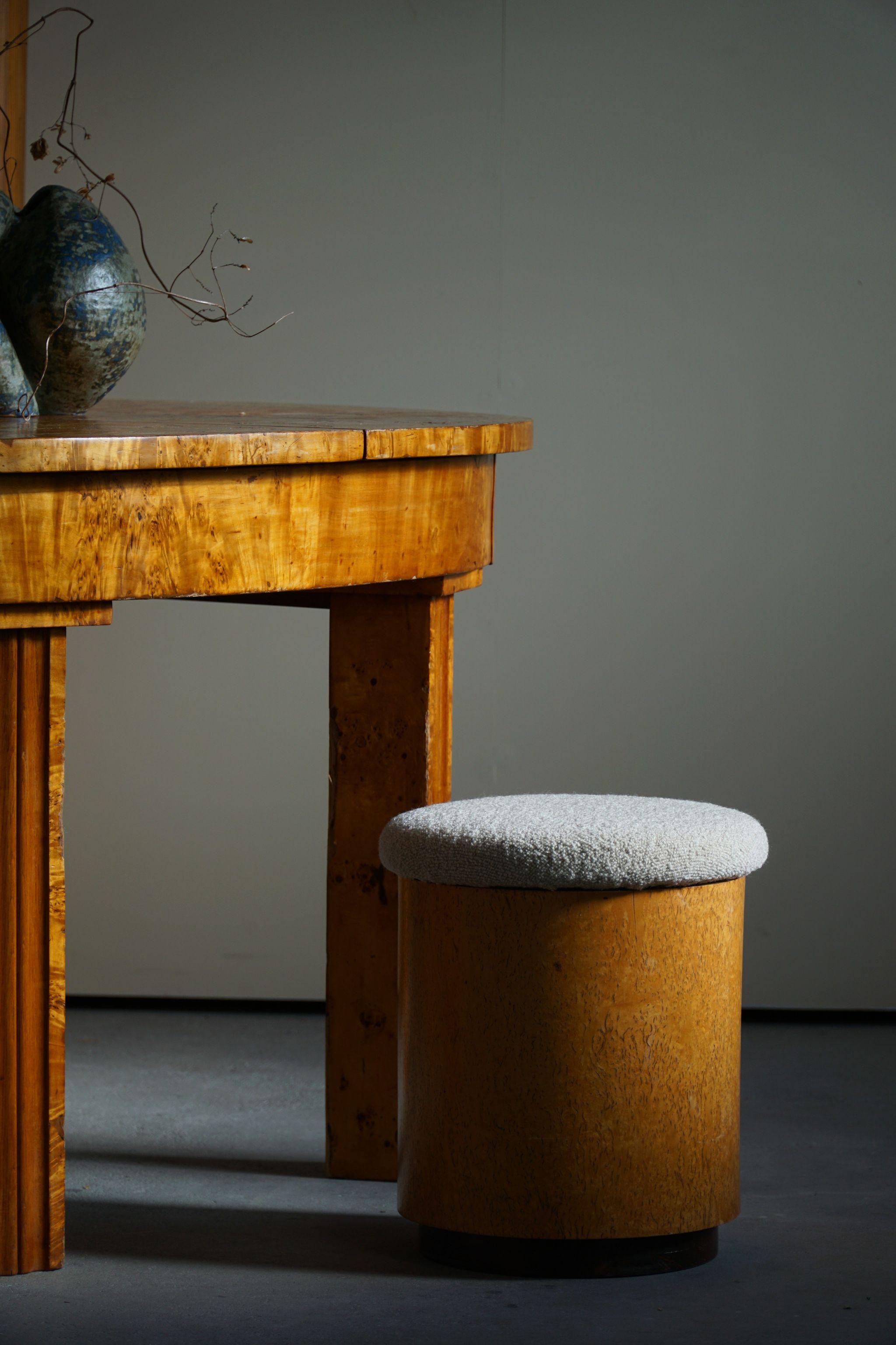 Swedish Art Deco Stool in Burl Wood, Reupholstered, Made in the Early 20th C 3
