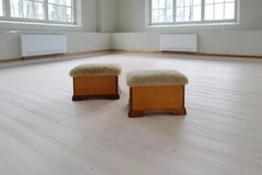 Swedish Art Deco Stools in Lacquered Birch and Sheepskin/Shearling Seat 1940s