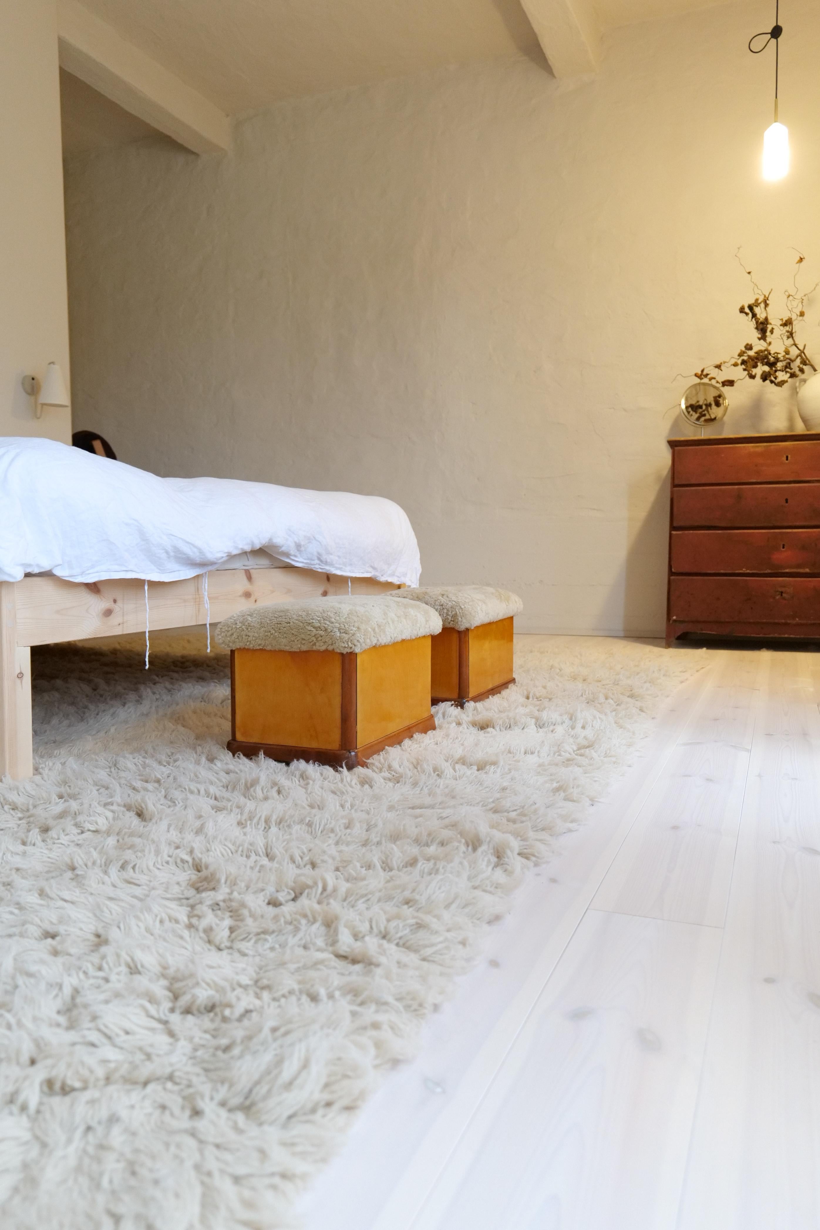 Swedish Art Deco Stools in Lacquered Birch and Sheepskin/Shearling Seat 1940s In Good Condition For Sale In Hillringsberg, SE