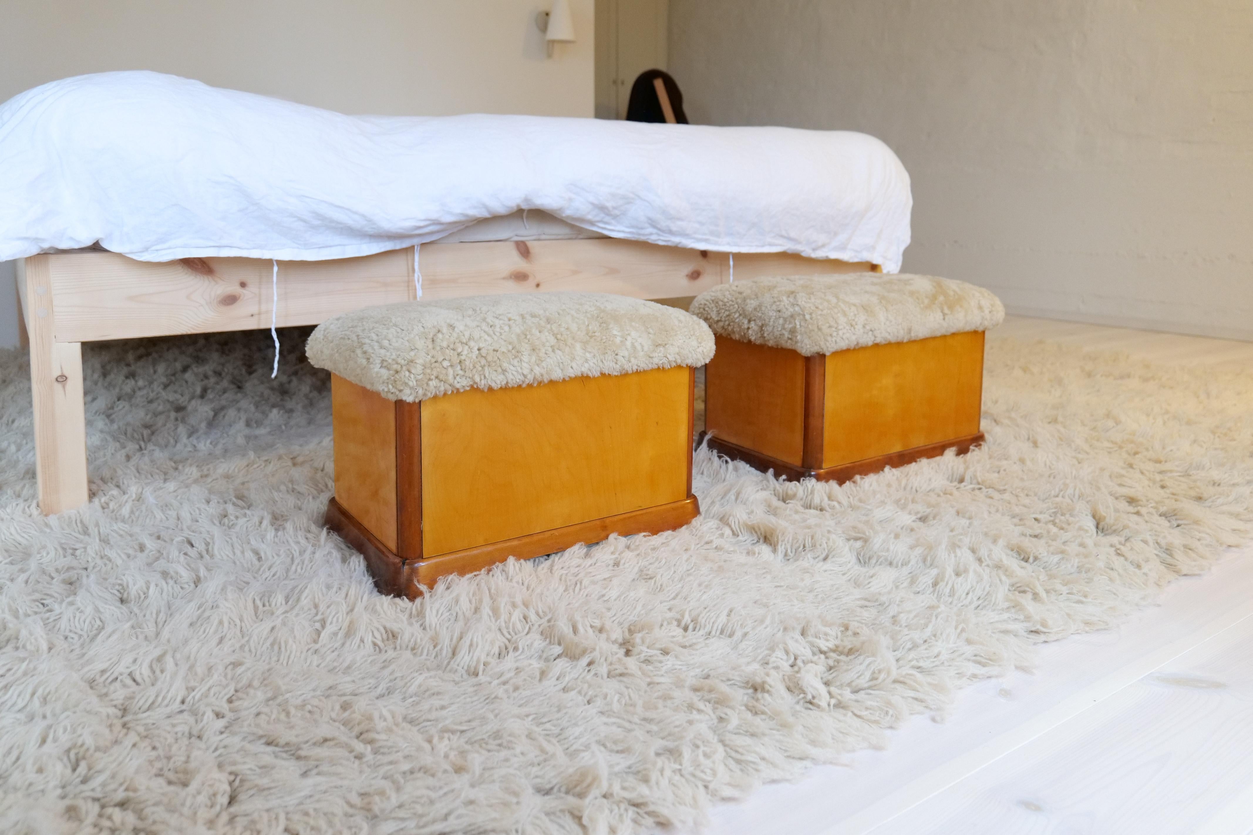 Mid-20th Century Swedish Art Deco Stools in Lacquered Birch and Sheepskin/Shearling Seat 1940s For Sale