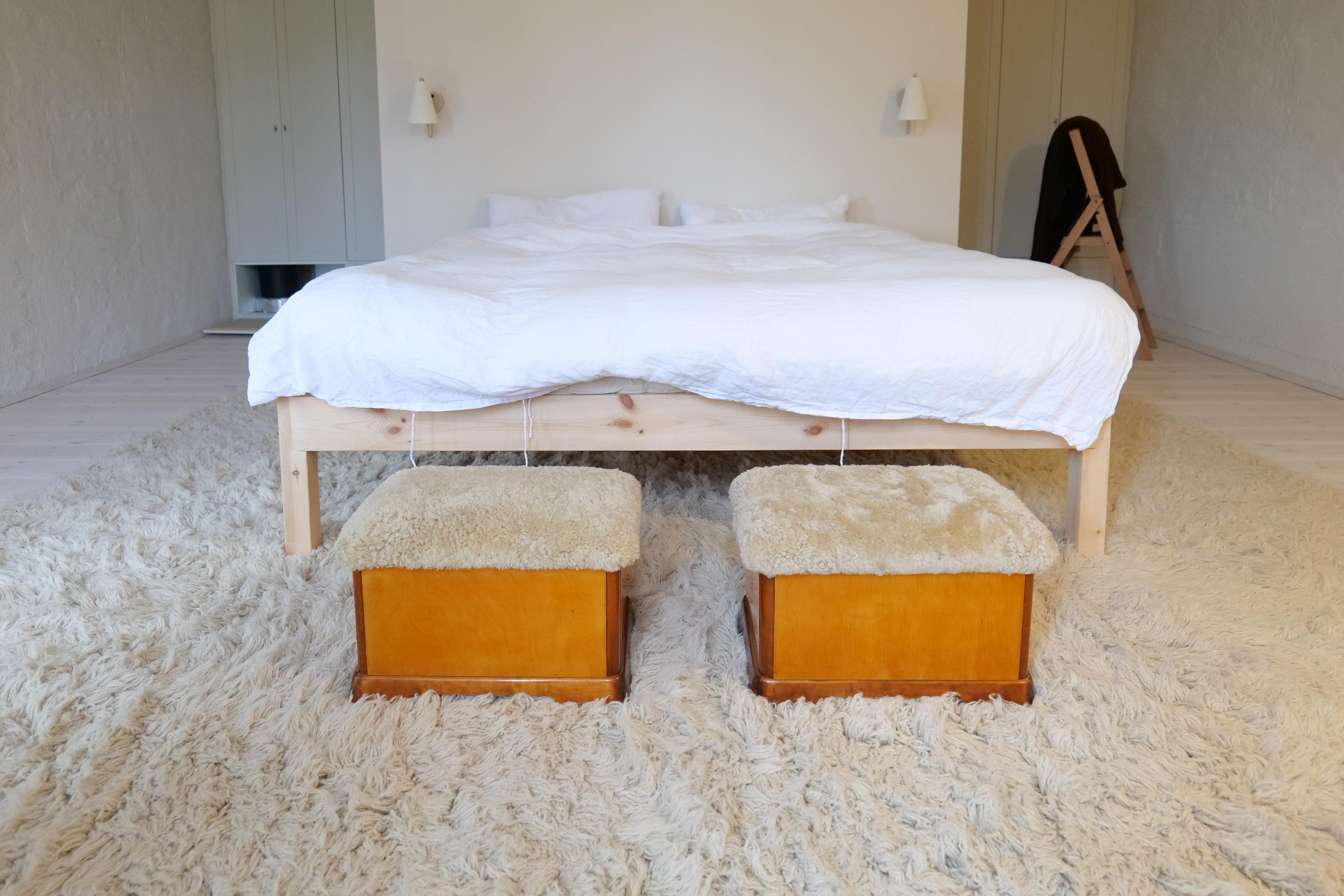 Swedish Art Deco Stools in Lacquered Birch and Sheepskin/Shearling Seat 1940s For Sale 1