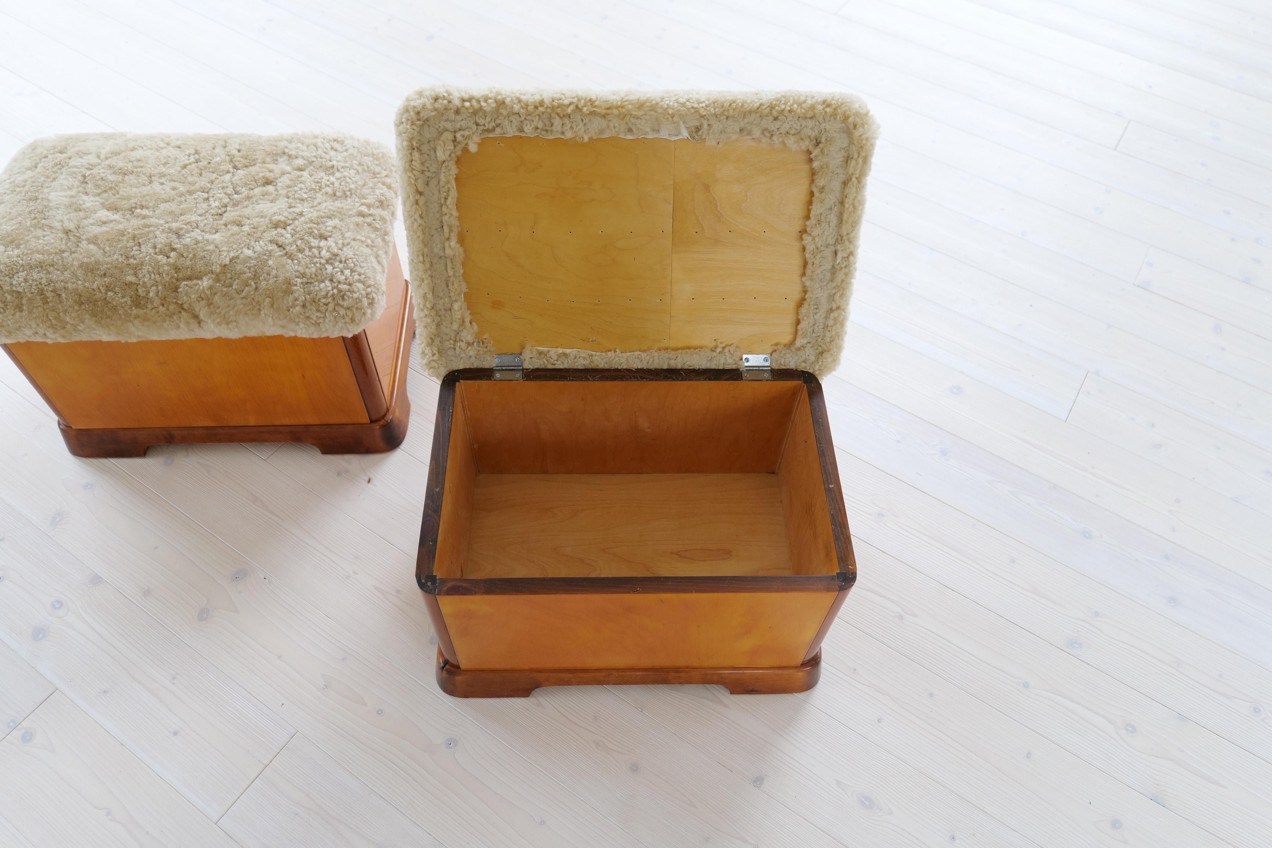 Swedish Art Deco Stools in Lacquered Birch and Sheepskin/Shearling Seat 1940s For Sale 5