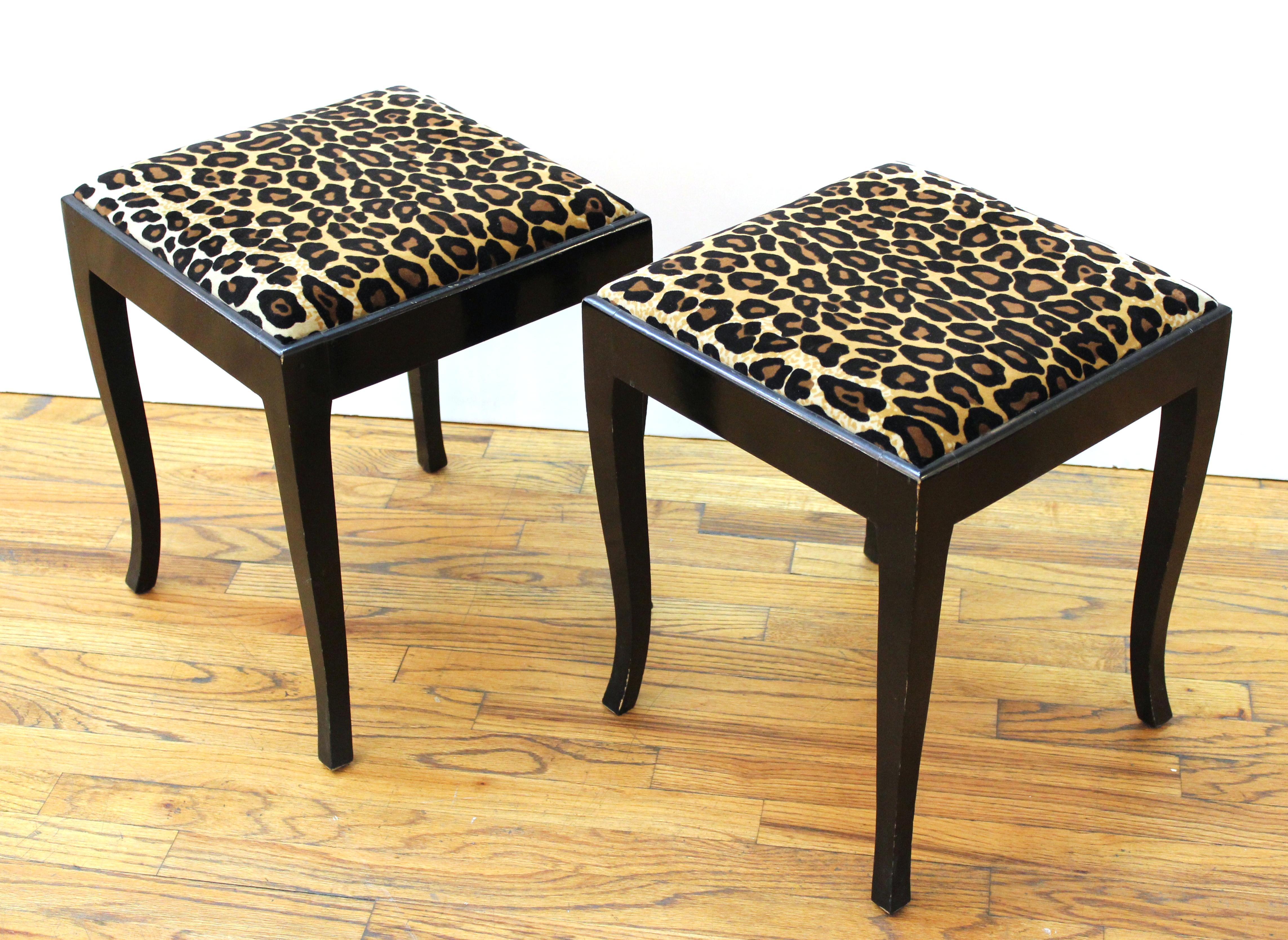 European Swedish Art Deco Stools with Leopard Print Upholstery