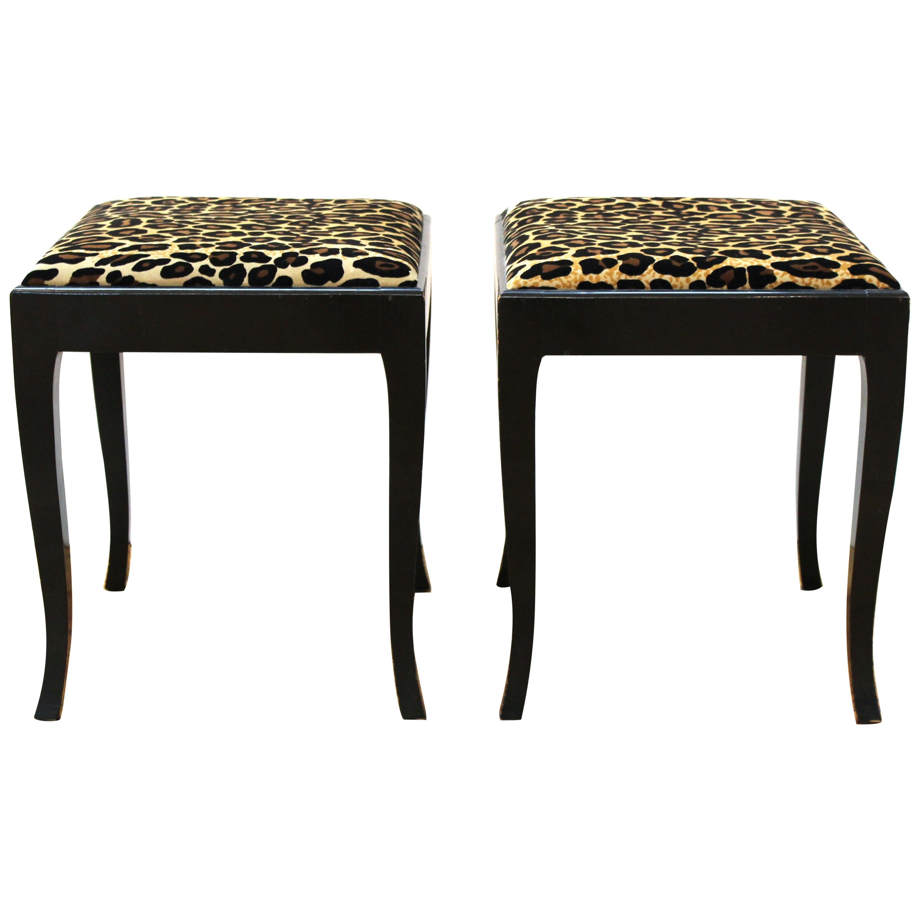 Swedish Art Deco Stools with Leopard Print Upholstery