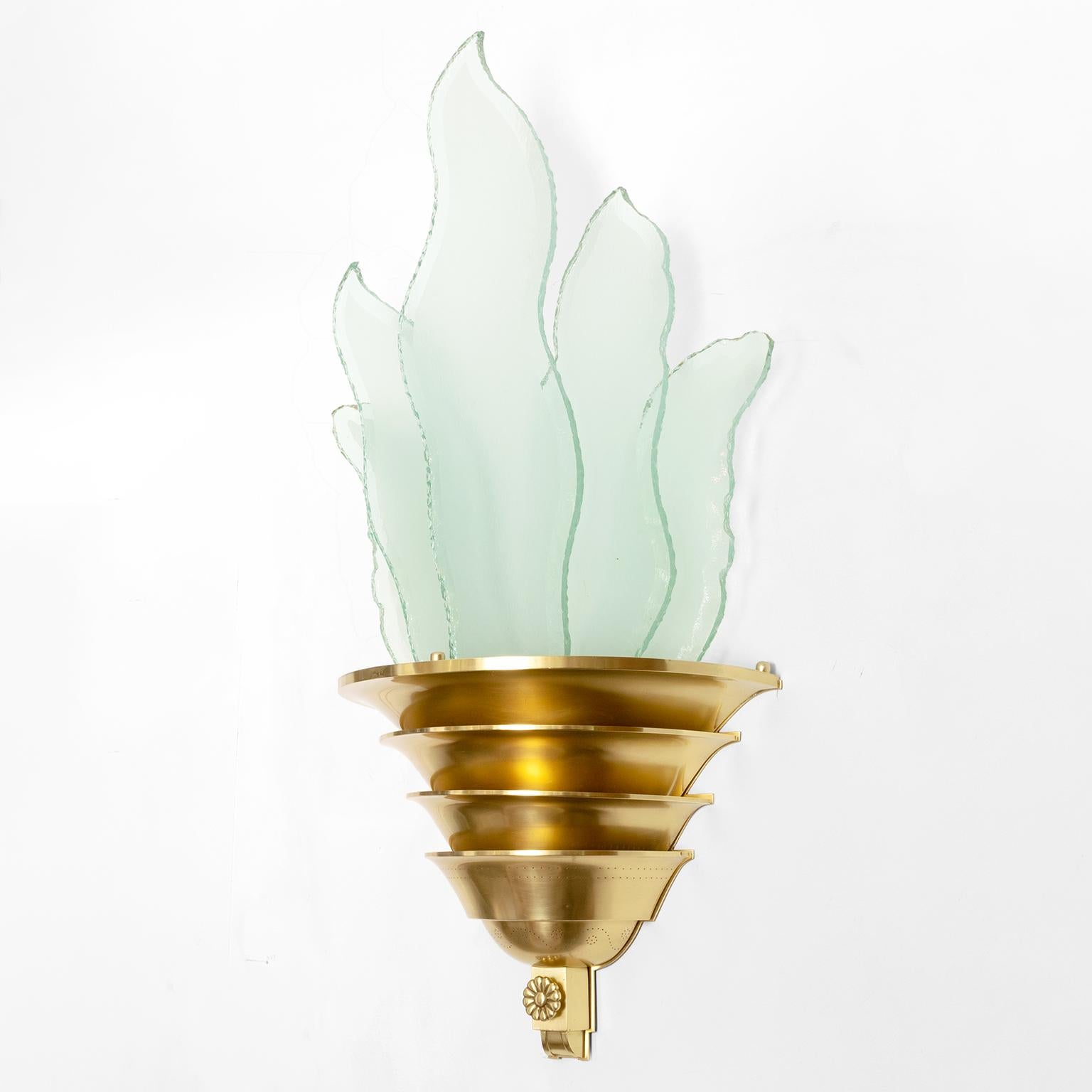 Scandinavian Swedish Art Deco Swedish Grace Brass Sconce with Glass Flames For Sale