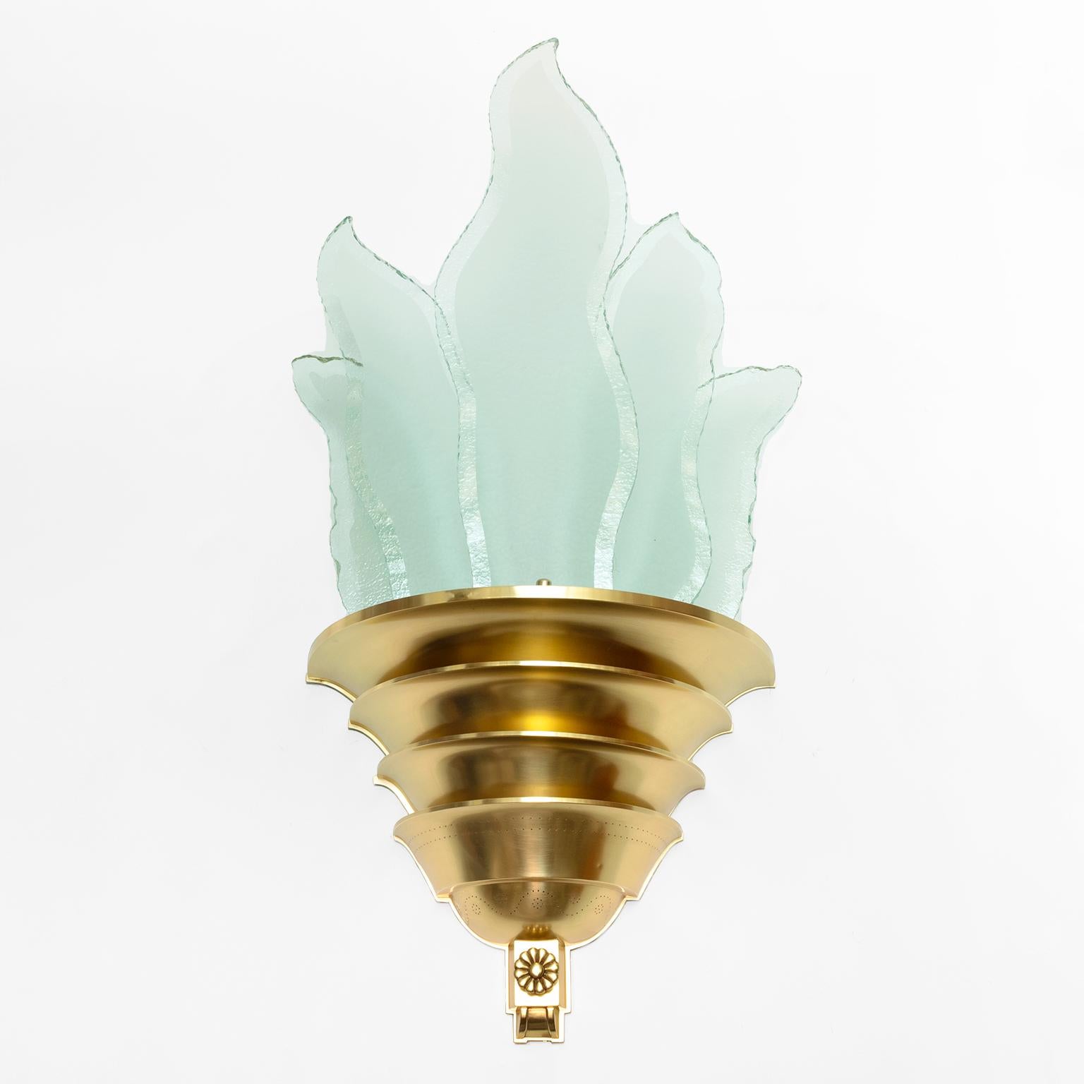 Swedish Art Deco Swedish Grace Brass Sconce with Glass Flames In Good Condition For Sale In New York, NY