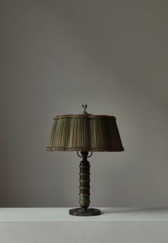 Swedish Art Deco Table Lamp in Green Patinated Bronze & Pleated Shade, 1930s