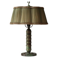 Swedish Art Deco Table Lamp in Green Patinated Bronze & Pleated Shade, 1930s