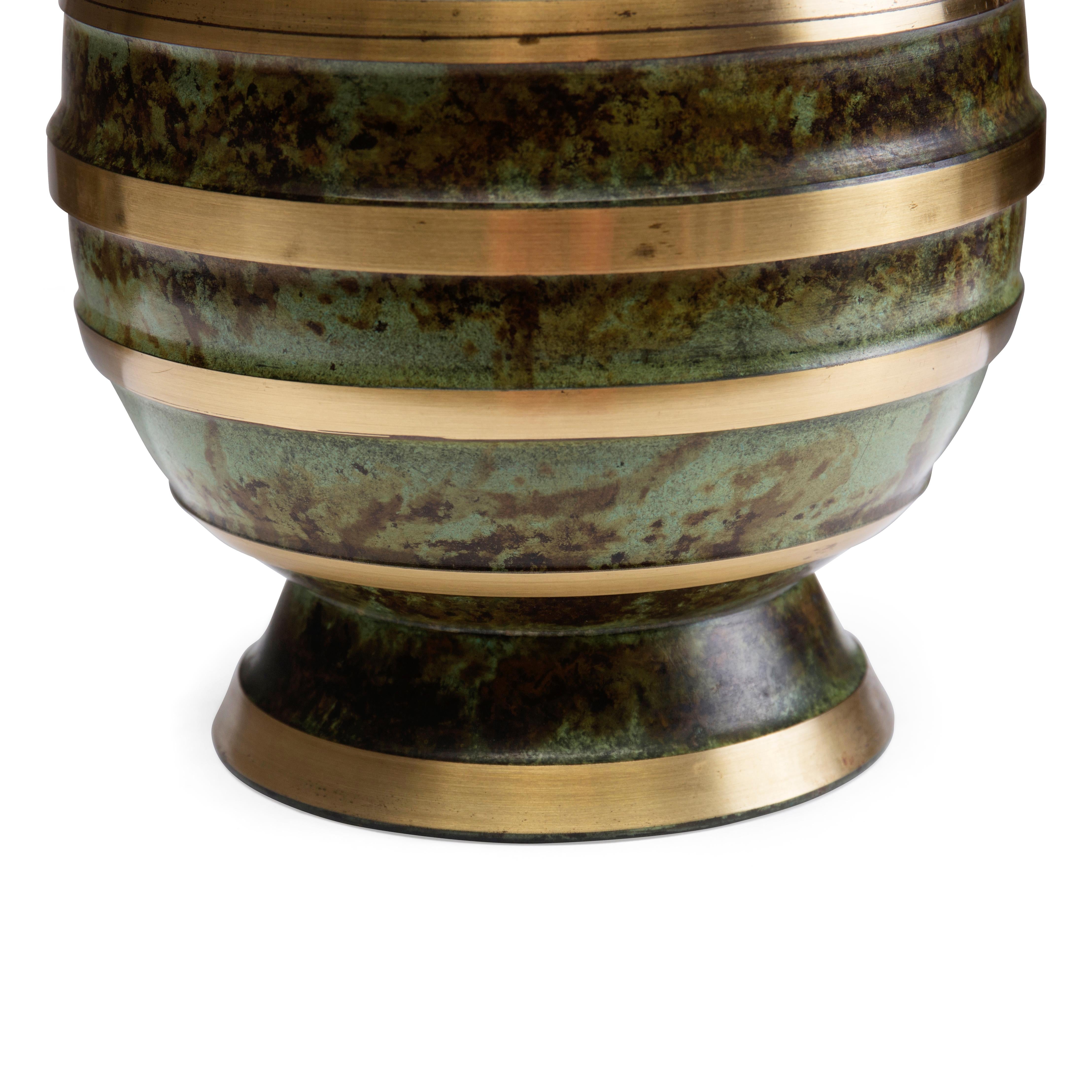 Glazed Swedish art deco table lamp with patinated and polished bronze For Sale