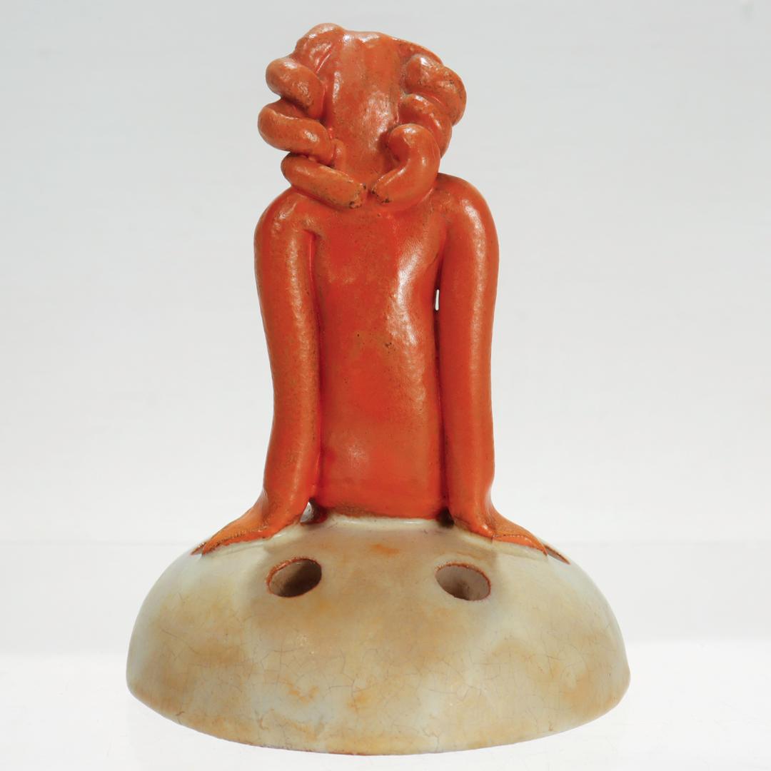 Swedish Art Deco Upasla Ekeby Art Pottery Mermaid Flower Frog by Einar Luterkort In Good Condition For Sale In Philadelphia, PA