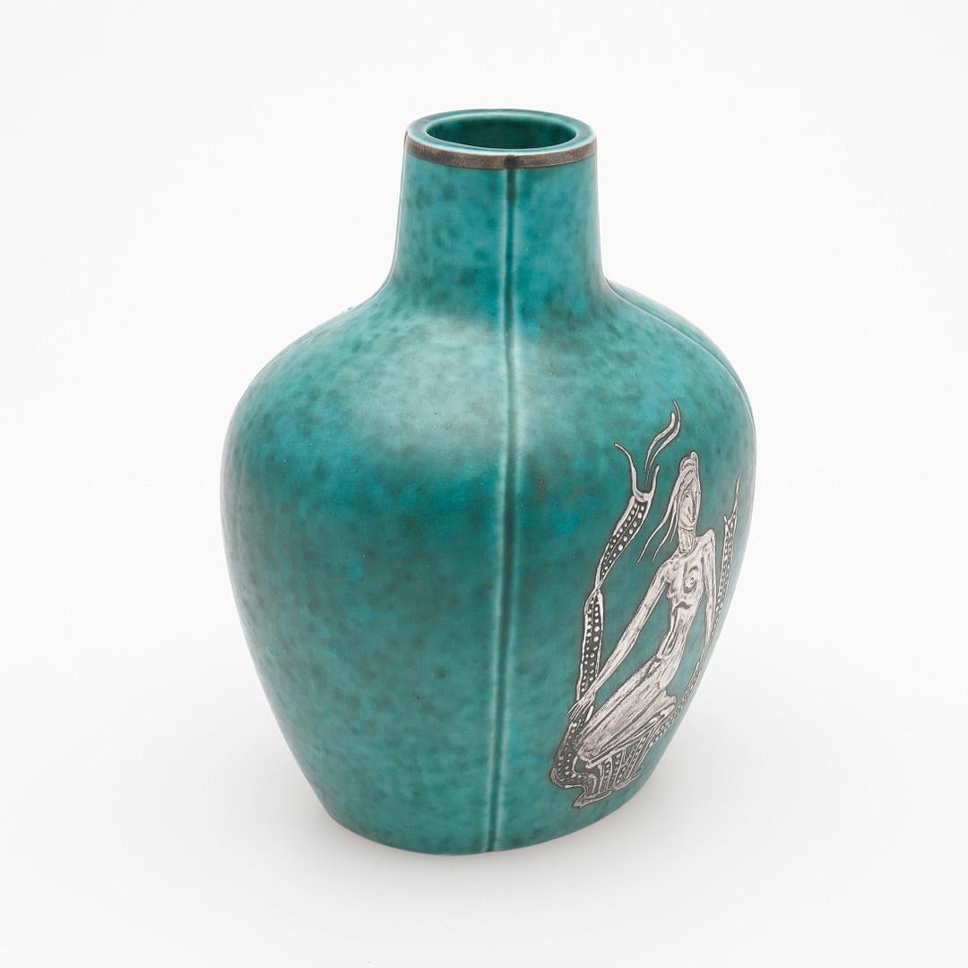 Swedish Art Deco Wilhelm Kage Argenta Turquoise and Silver Vase, 1930s For Sale 1