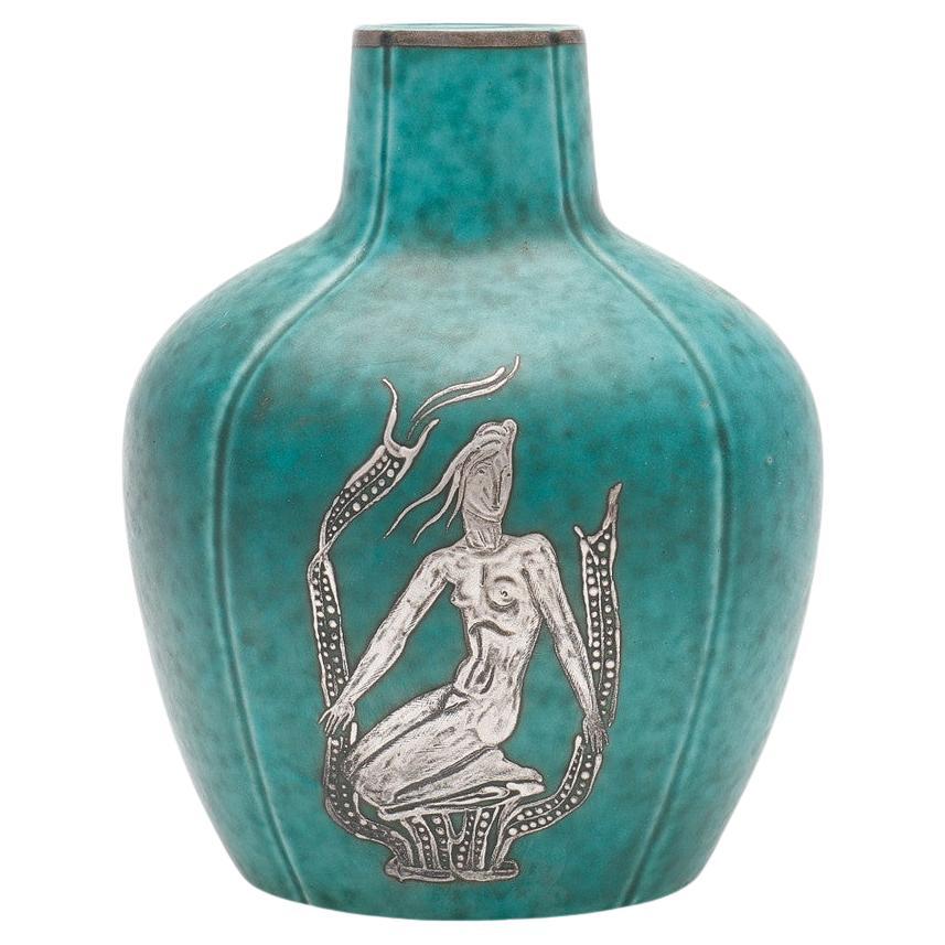 Swedish Art Deco Wilhelm Kage Argenta Turquoise and Silver Vase, 1930s For Sale